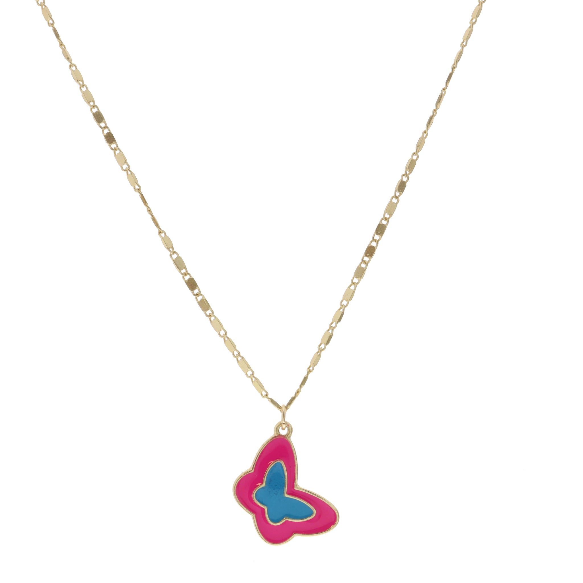 Kids 14" Pink & Blue Enamel Butterfly Necklace , 3" Ext