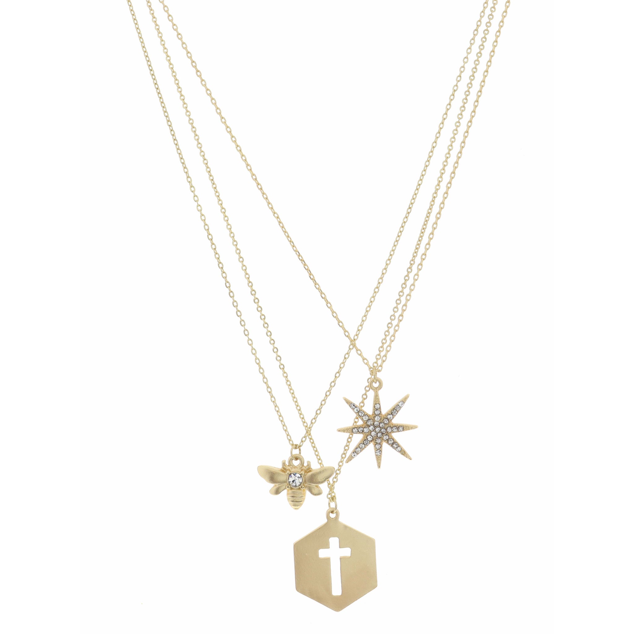 15", 16", 17" Star, Bee, Hexagon with Cut Out Cross Necklace, 3" Ext
