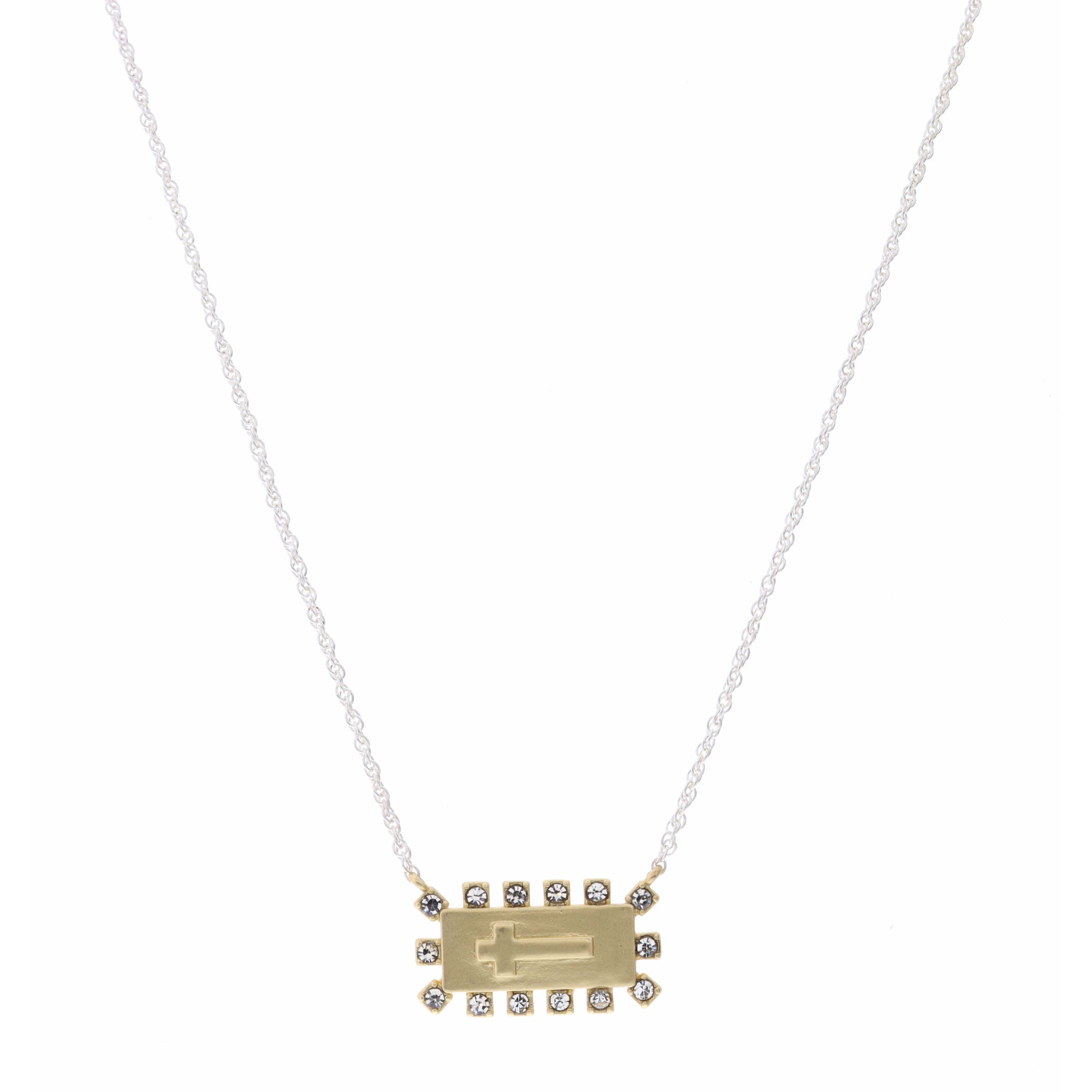 16" Rectangle with Cross and Crystal Accents Necklace, 3" Ext