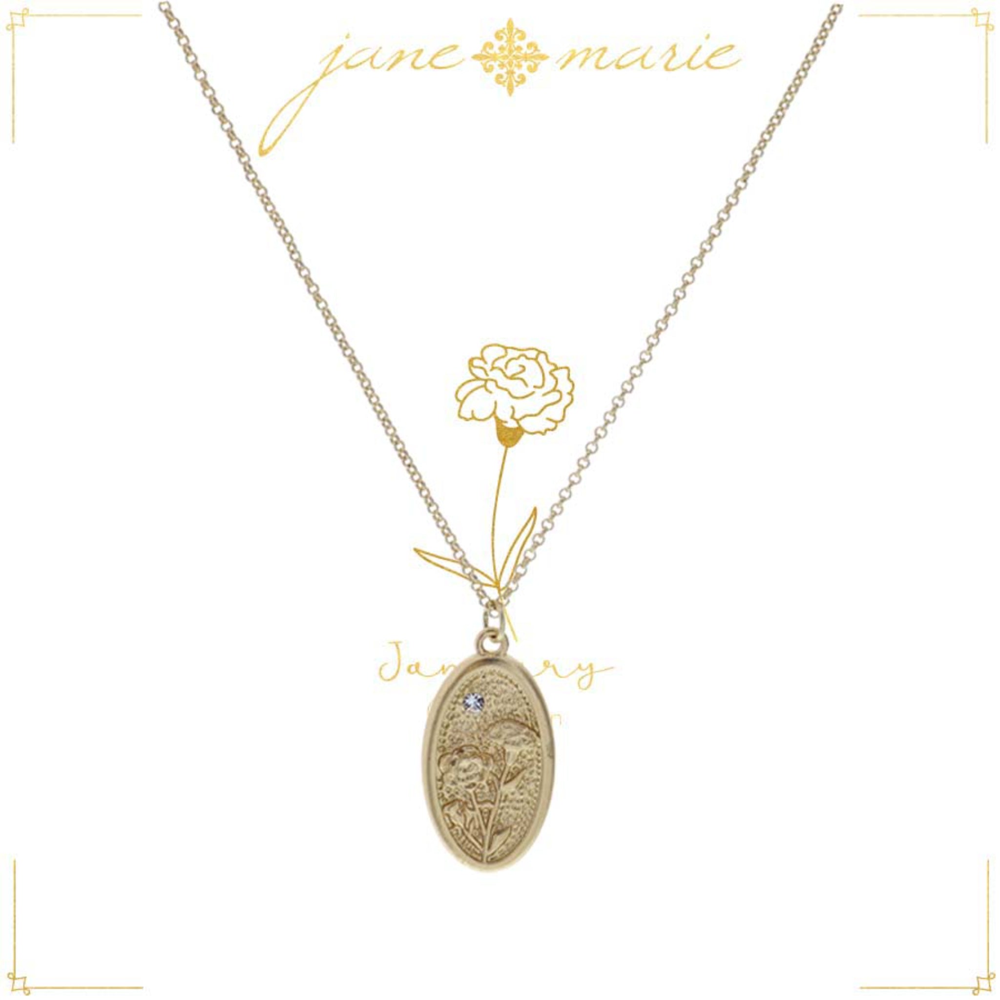 18" Carnation "January", Floral Oval Necklace, 3" Ext