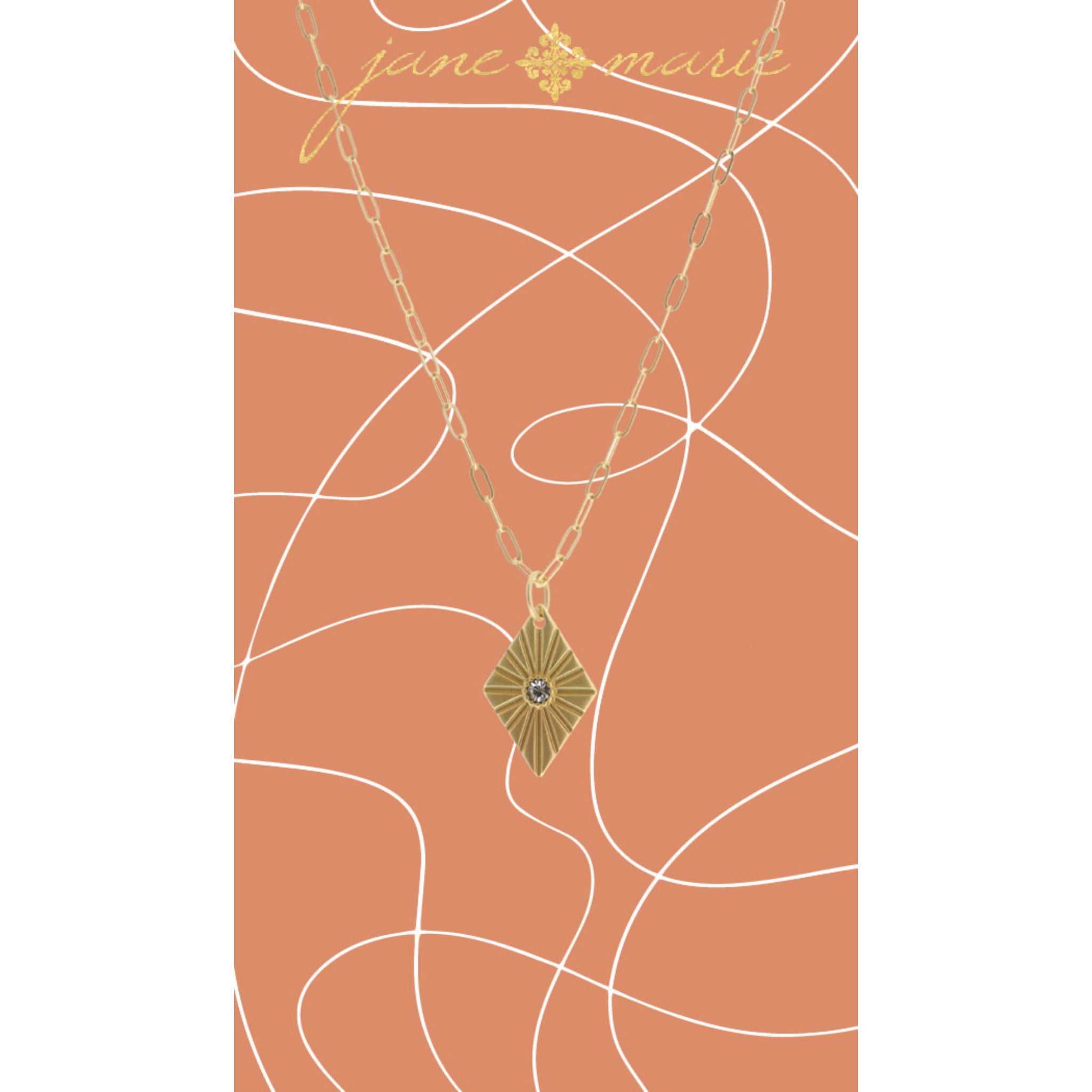 16" Gold Textured Diamond with Center Crystal Necklace, 3" Ext