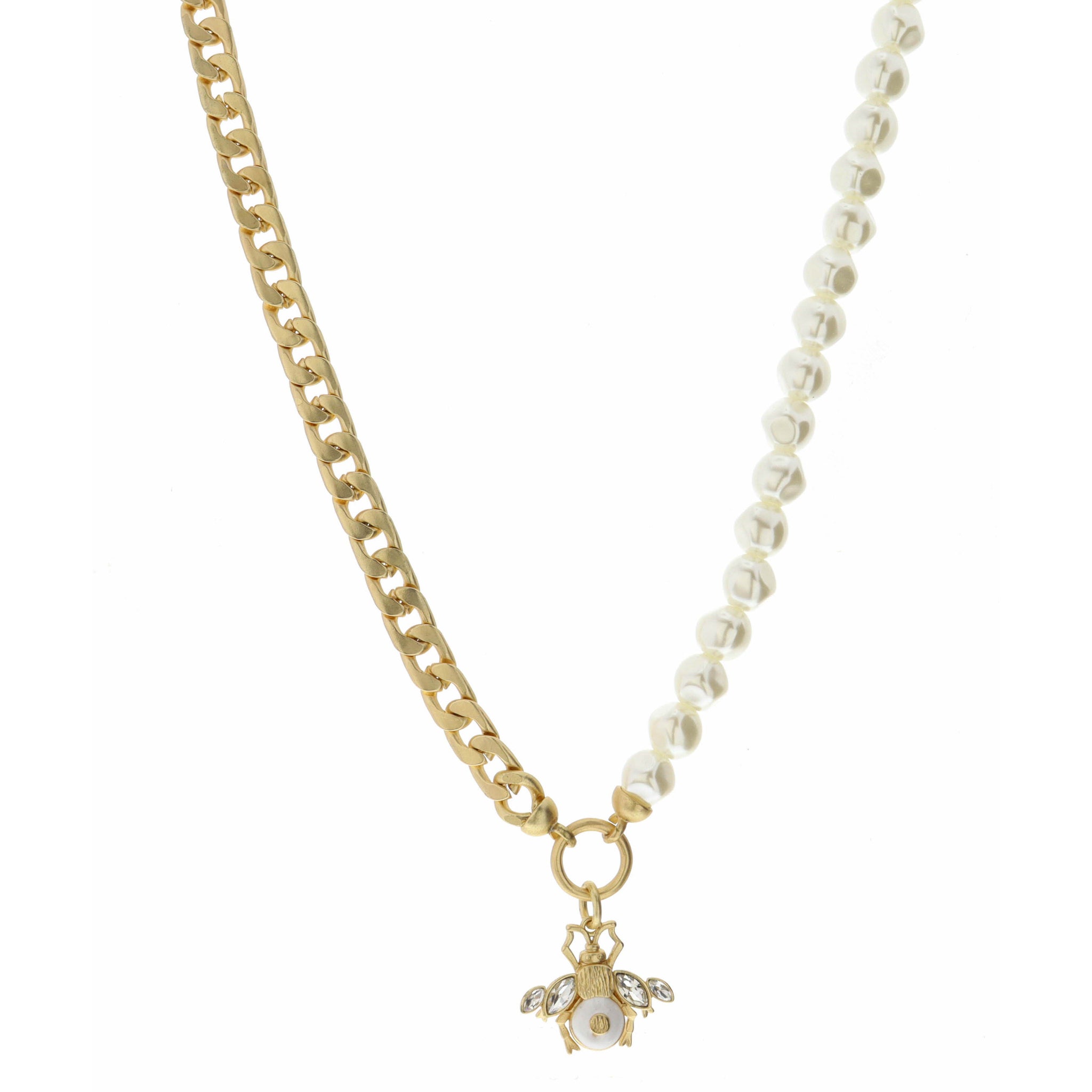 18" Half Pearl, Half Gold Chain, Gold Bee with White Necklace, 3" Ext