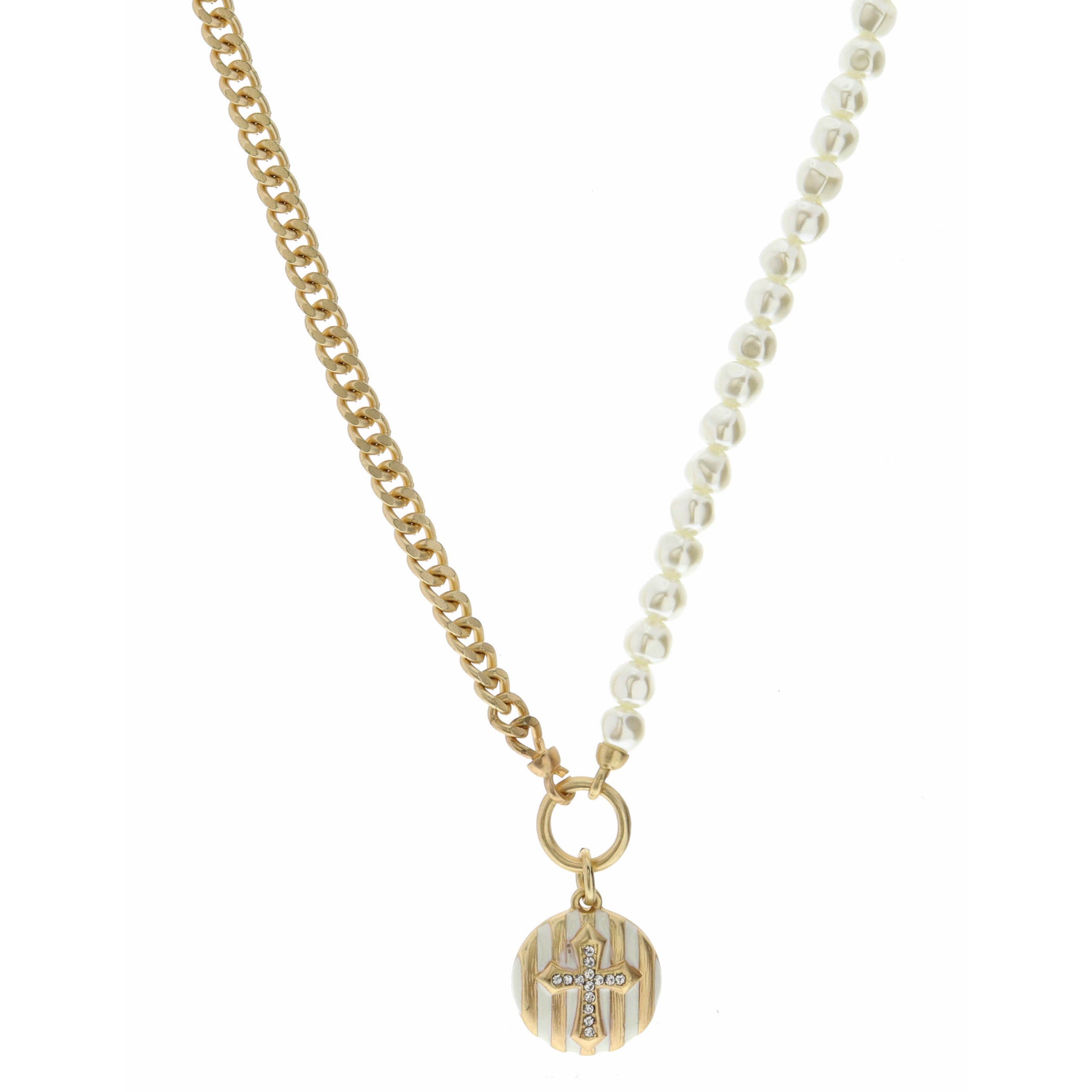 18" Half Pearl, Half Gold Chain, Cross, Striped Circle Necklace, 3" Ext