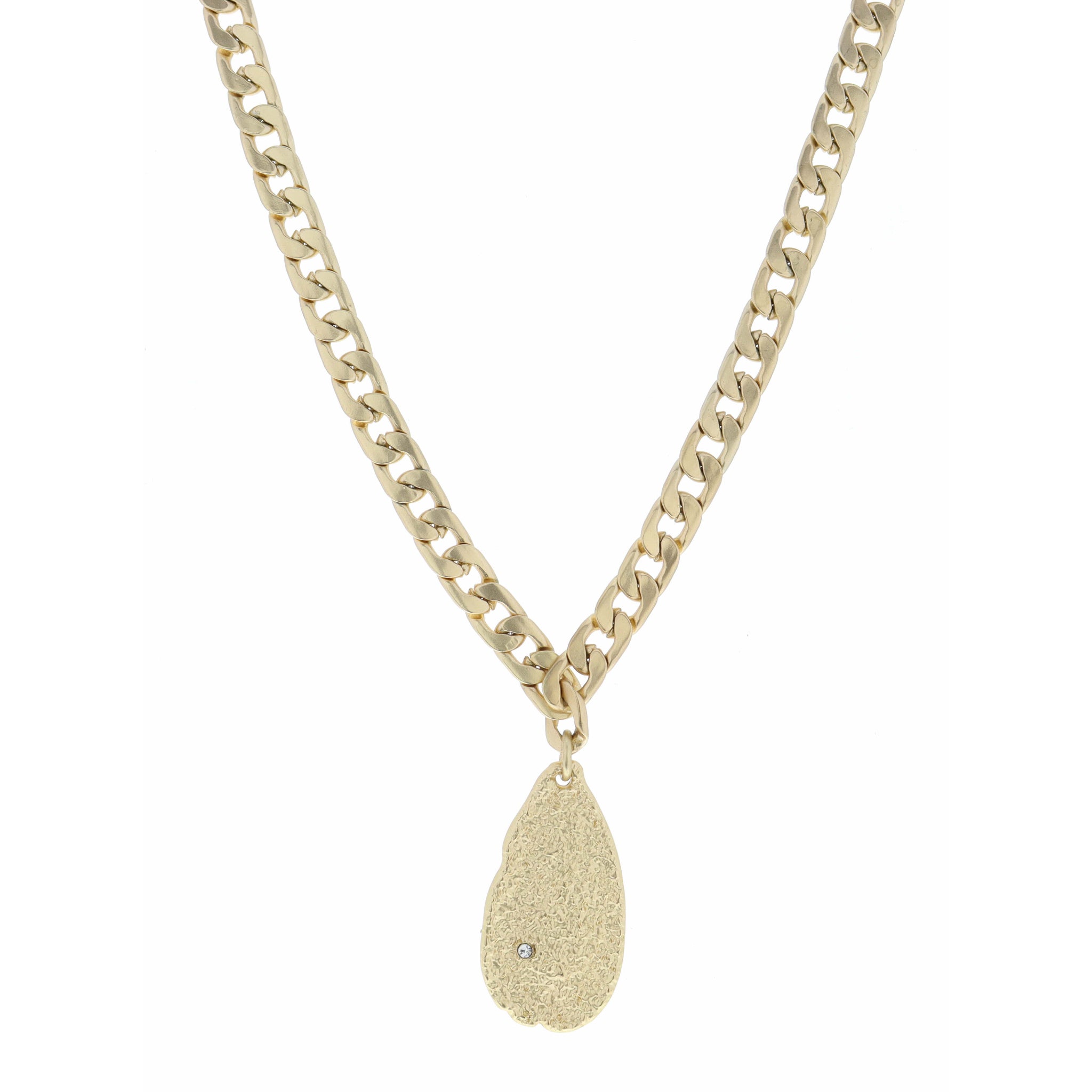 18" Thick Curb Chain and Textured Teardrop with Crystal Necklace, 3" Ext