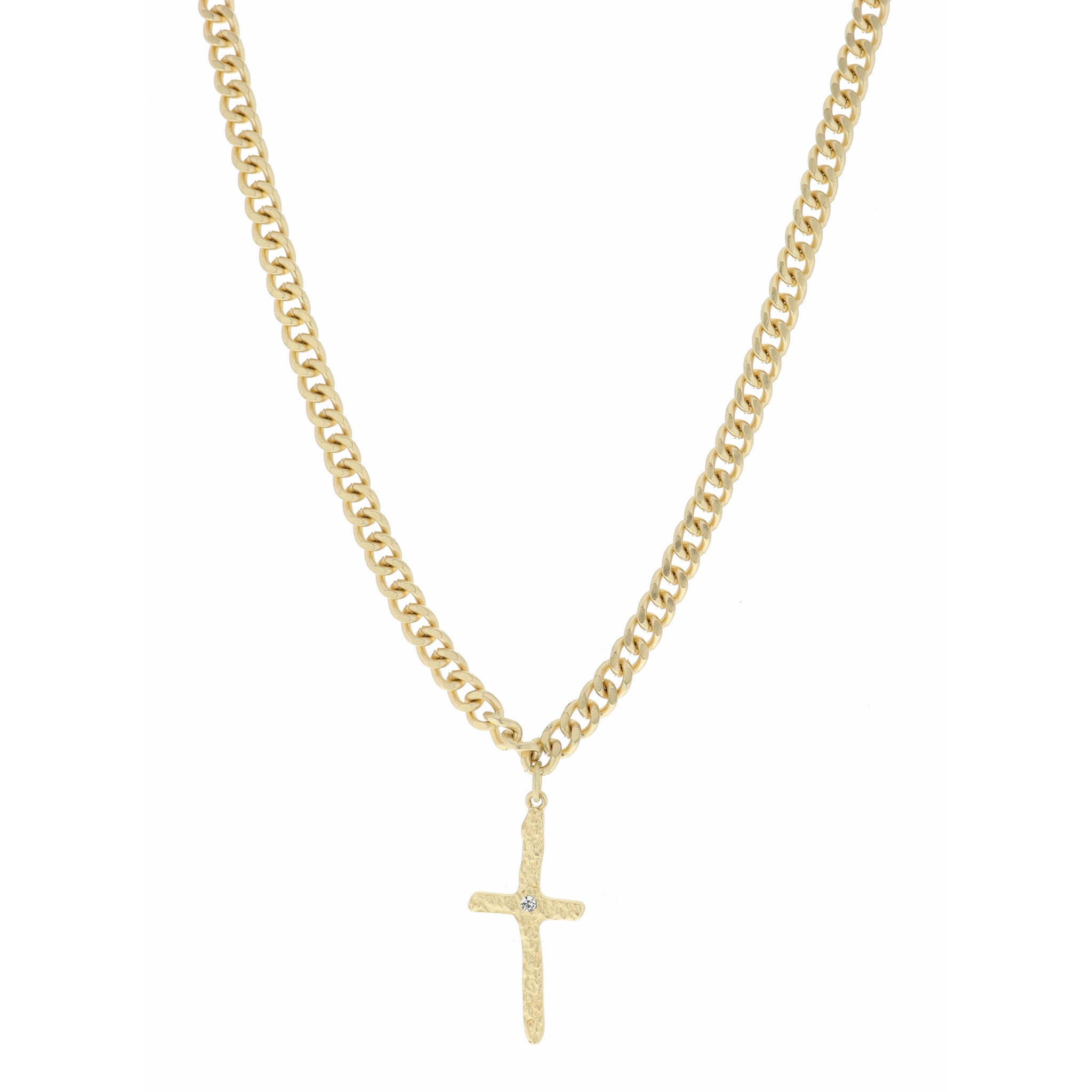 18" Curb Chain and Textured Cross with Small Crystal Necklace, 3" Ext