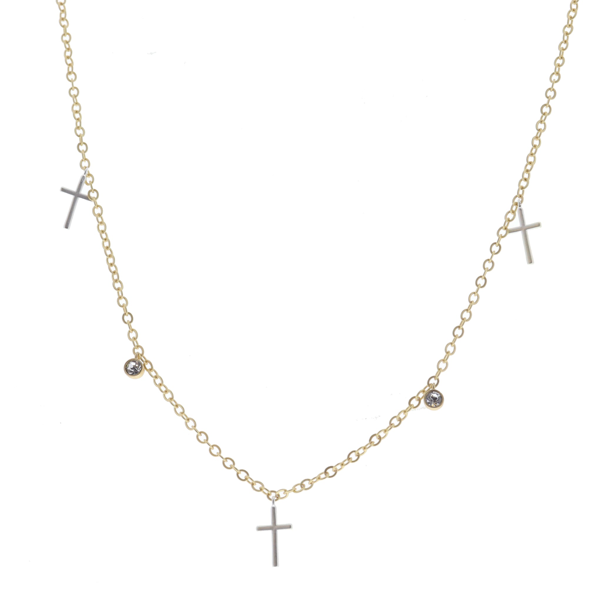 Multi Silver Crosses and Mini Clear Crystal Stations Necklace