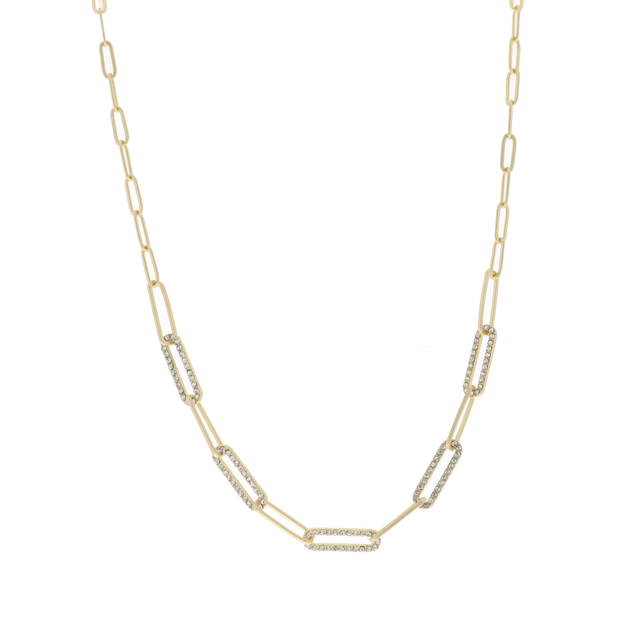 Gold Clear Crystal Paperclip Links Necklace