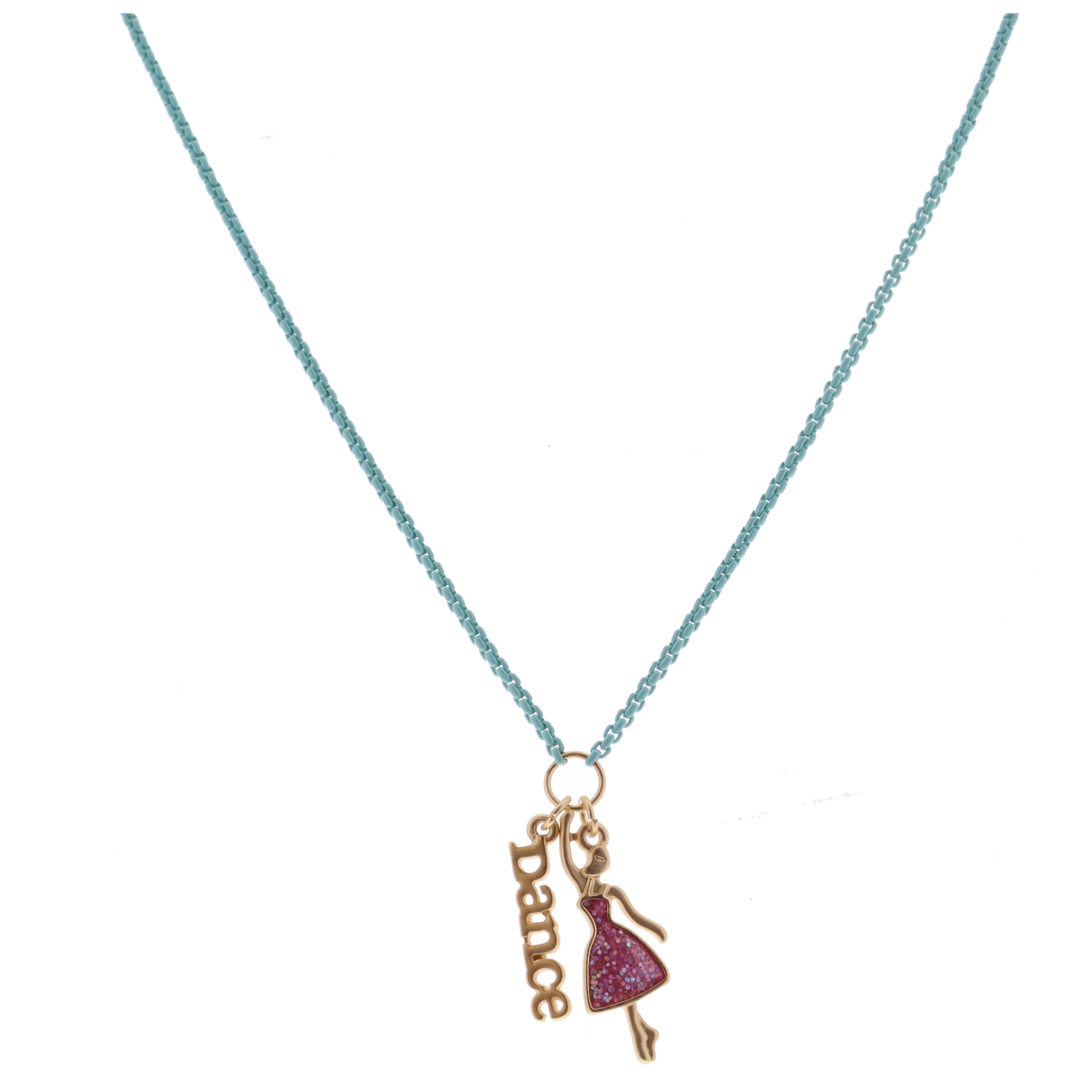Kids Mint Box Chain with "Dance" Bar and Pink Glitter Resin Ballerina Necklace