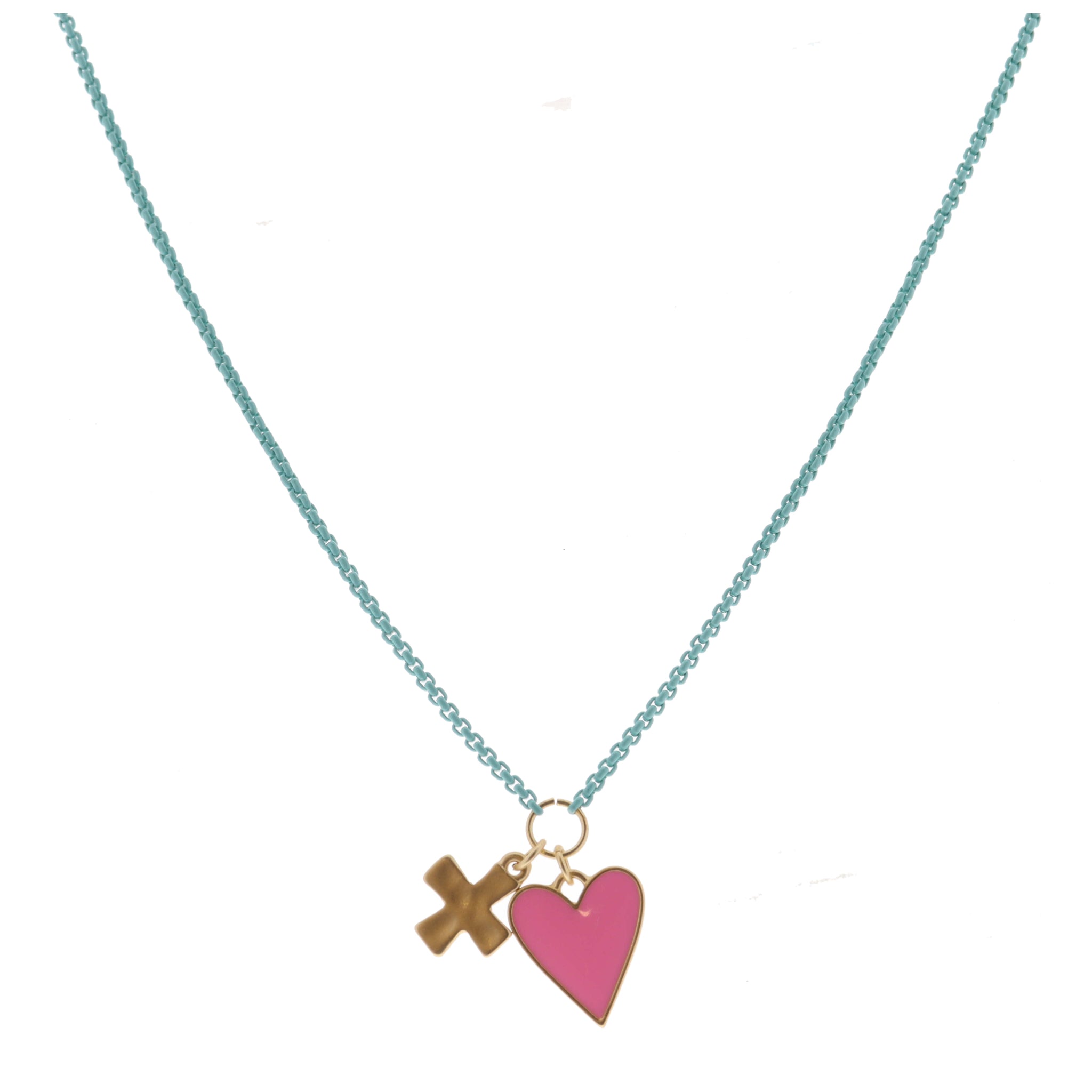 Kids Mint Box Chain with Gold Square Cross and Pink Enamel Heart Necklace