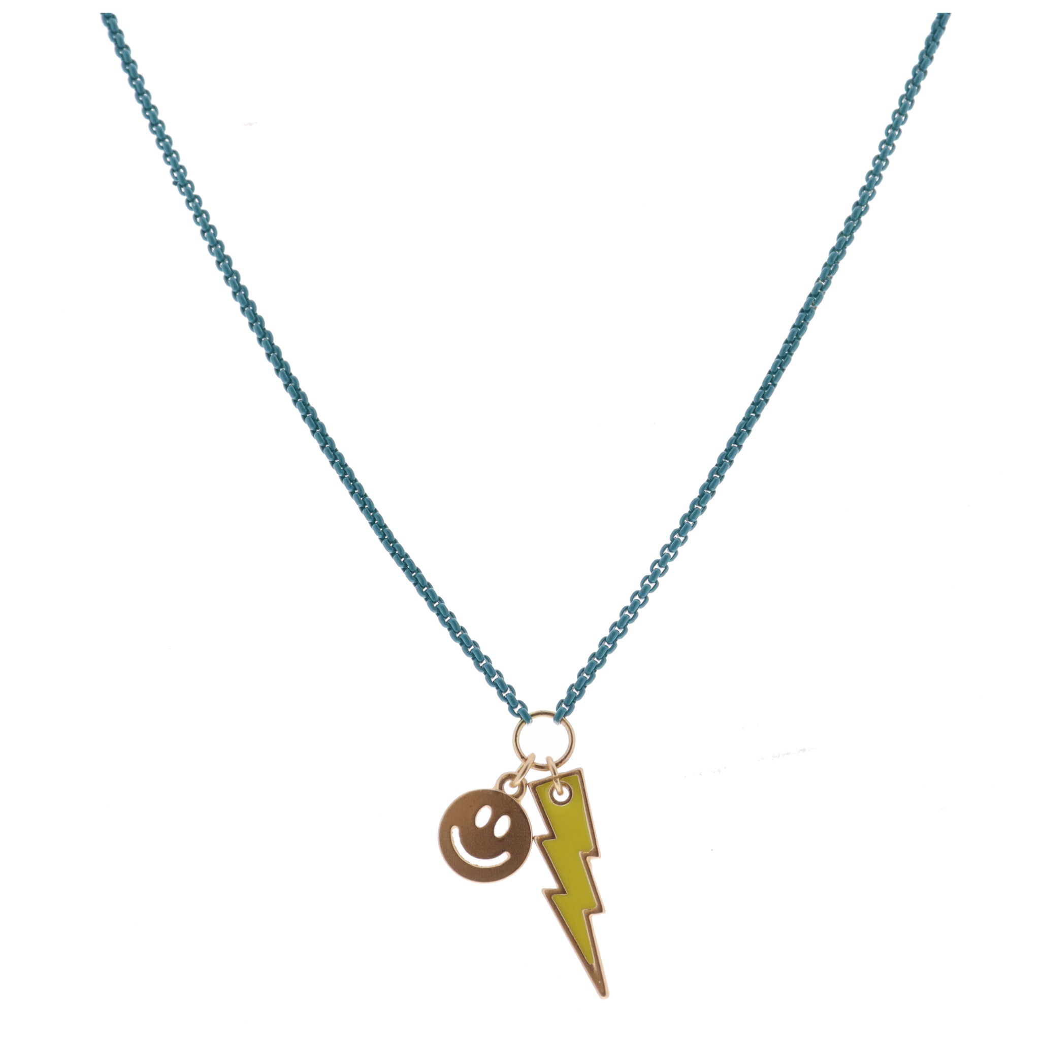 Kids Teal Box Chain with Happy Face and Yellow Enamel Lightning Bolt Necklace