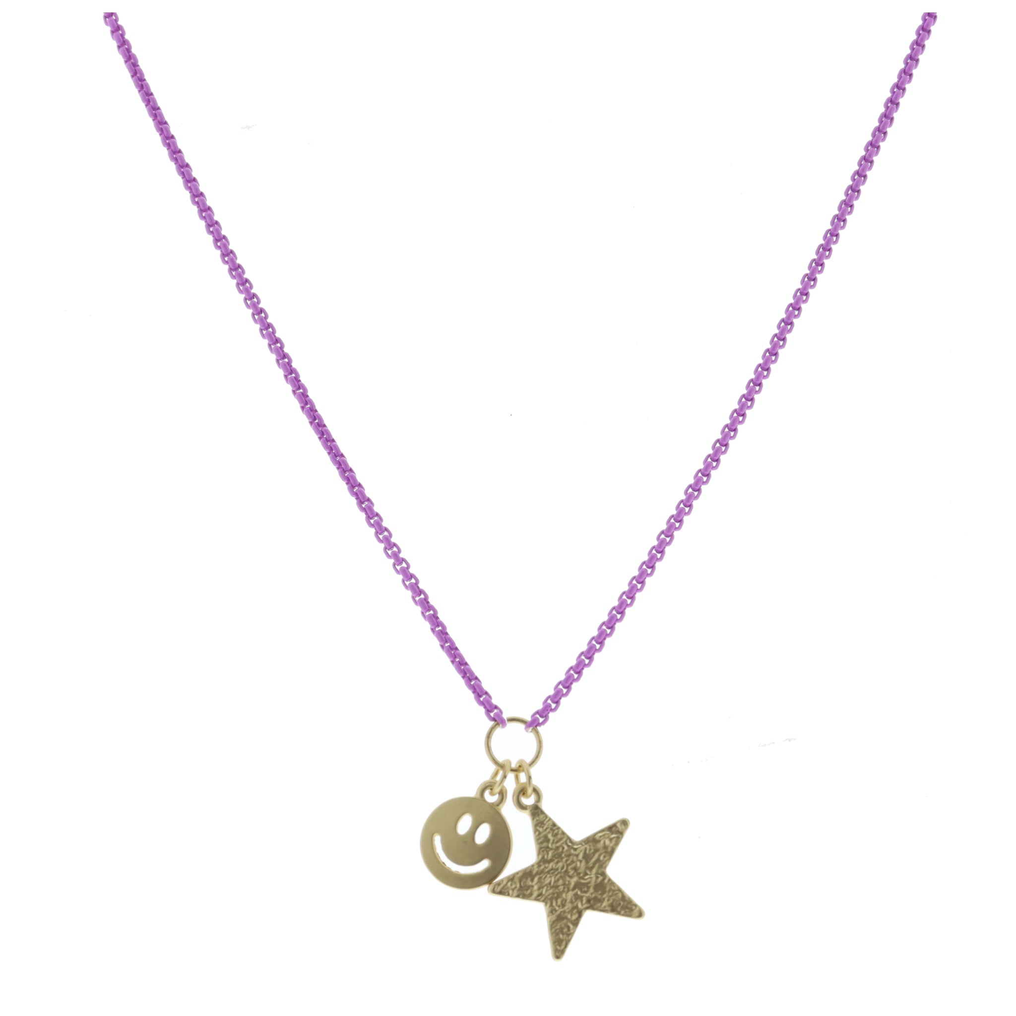 Kids Lavender Box Chain with Gold Happy Face and Gold Hammered Star Necklace