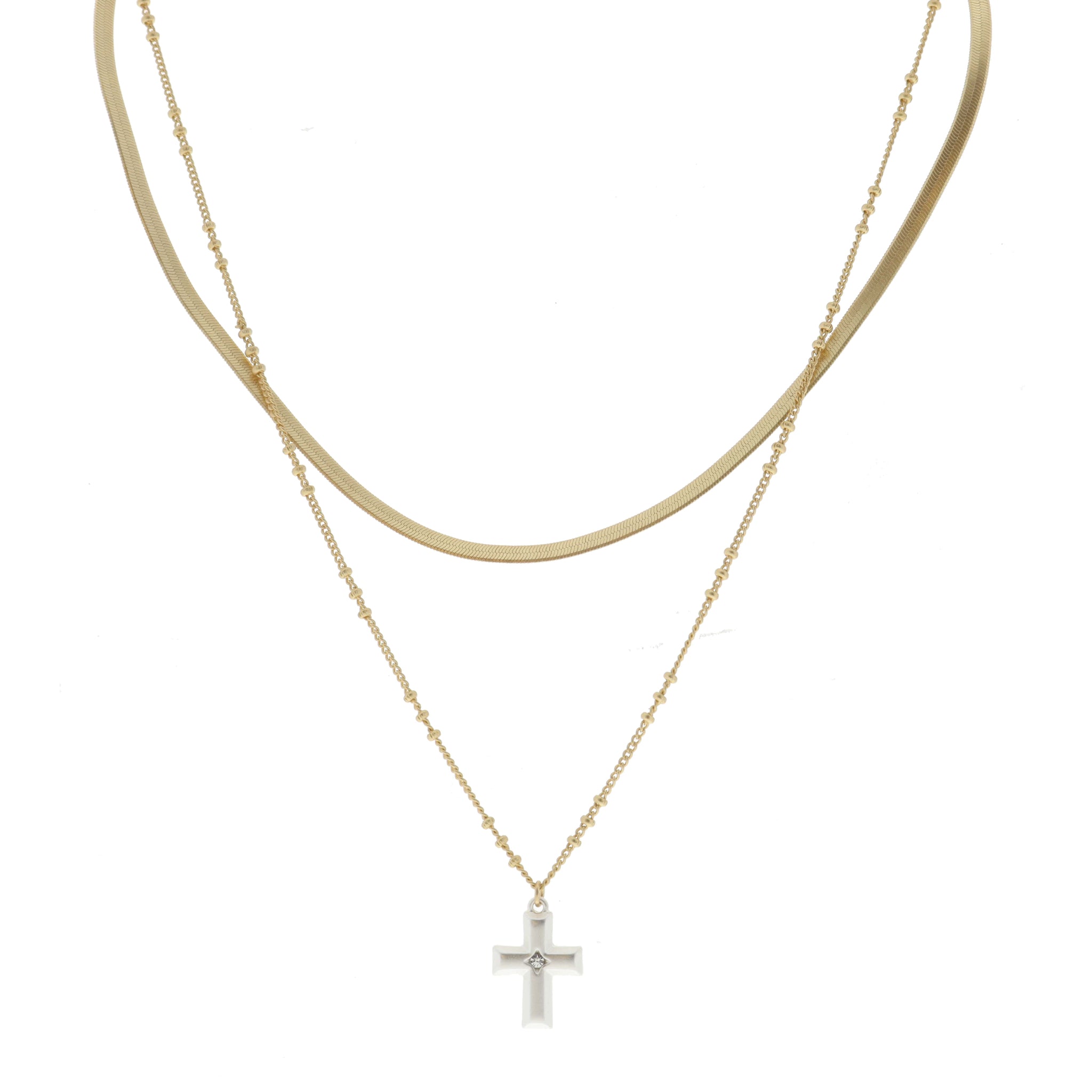 2 Strand, Gold Snake Chain, Gold Satellite Chain with Silver Cross Necklace