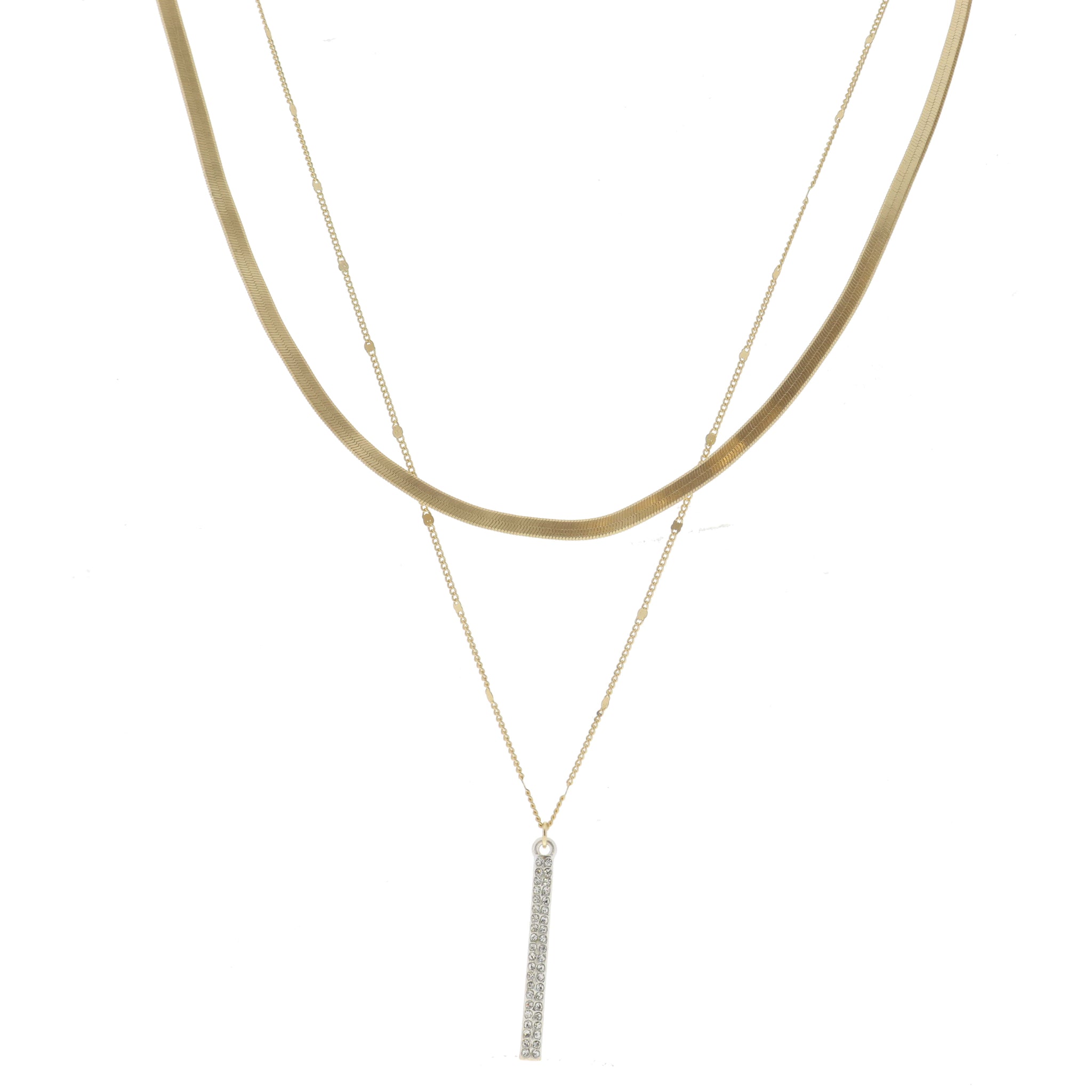 2 Strand, Snake Chain, Chain with Crystal Embellished Silver Bar Necklace