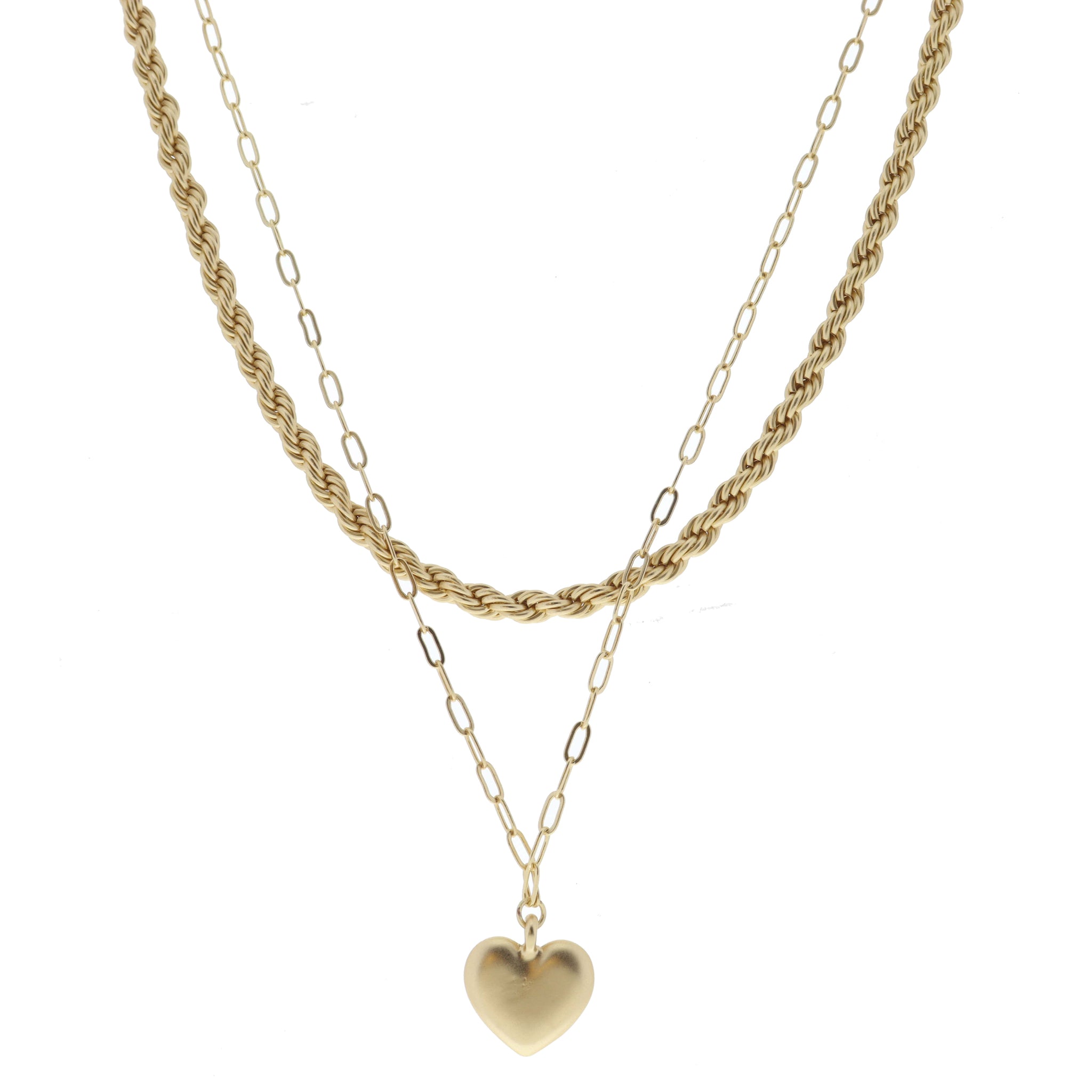2 Strand, Gold Rope Chain, Gold Paperclip with Gold Heart Necklace