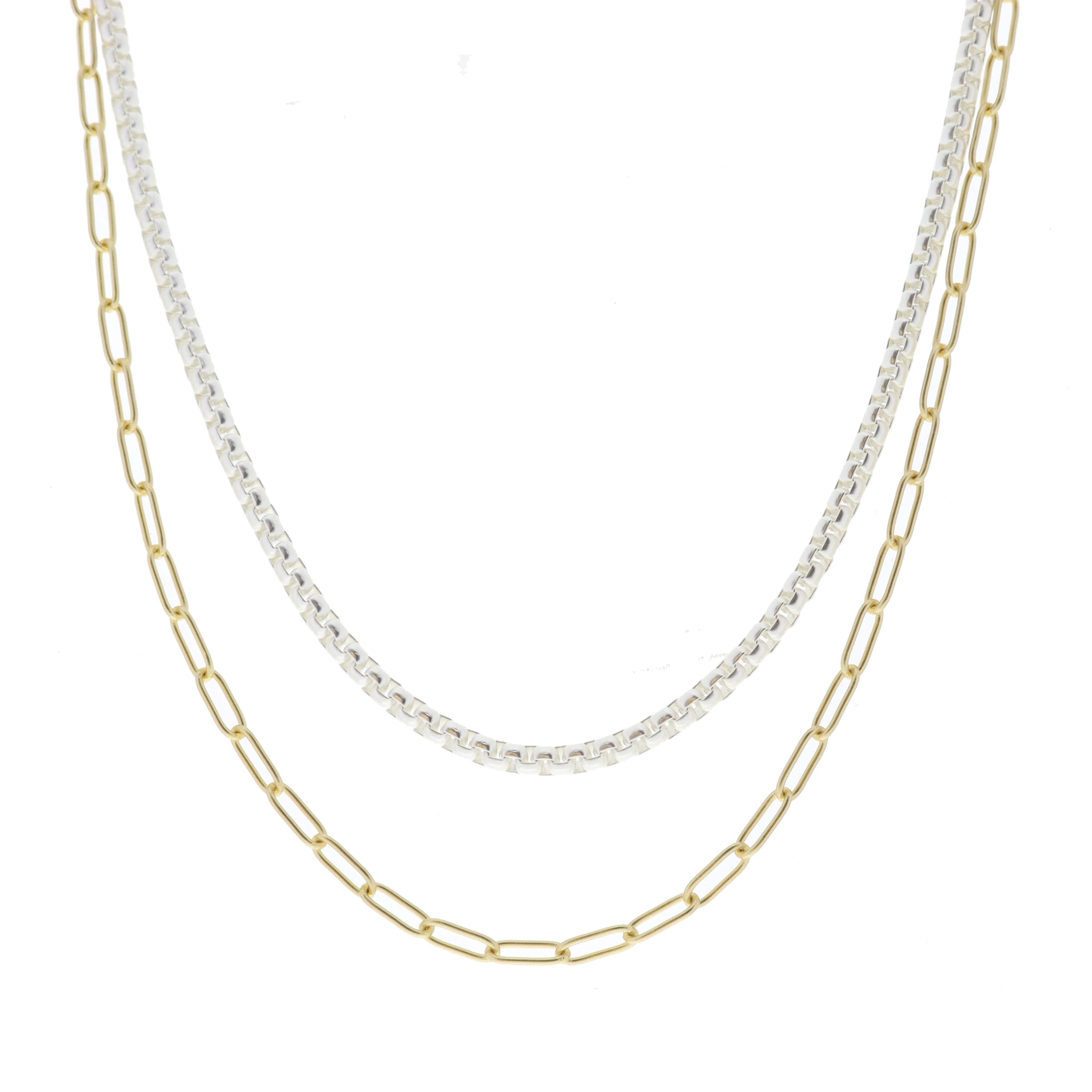 2 Strand, Silver Box Chain, Gold Paperclip Chain Necklace