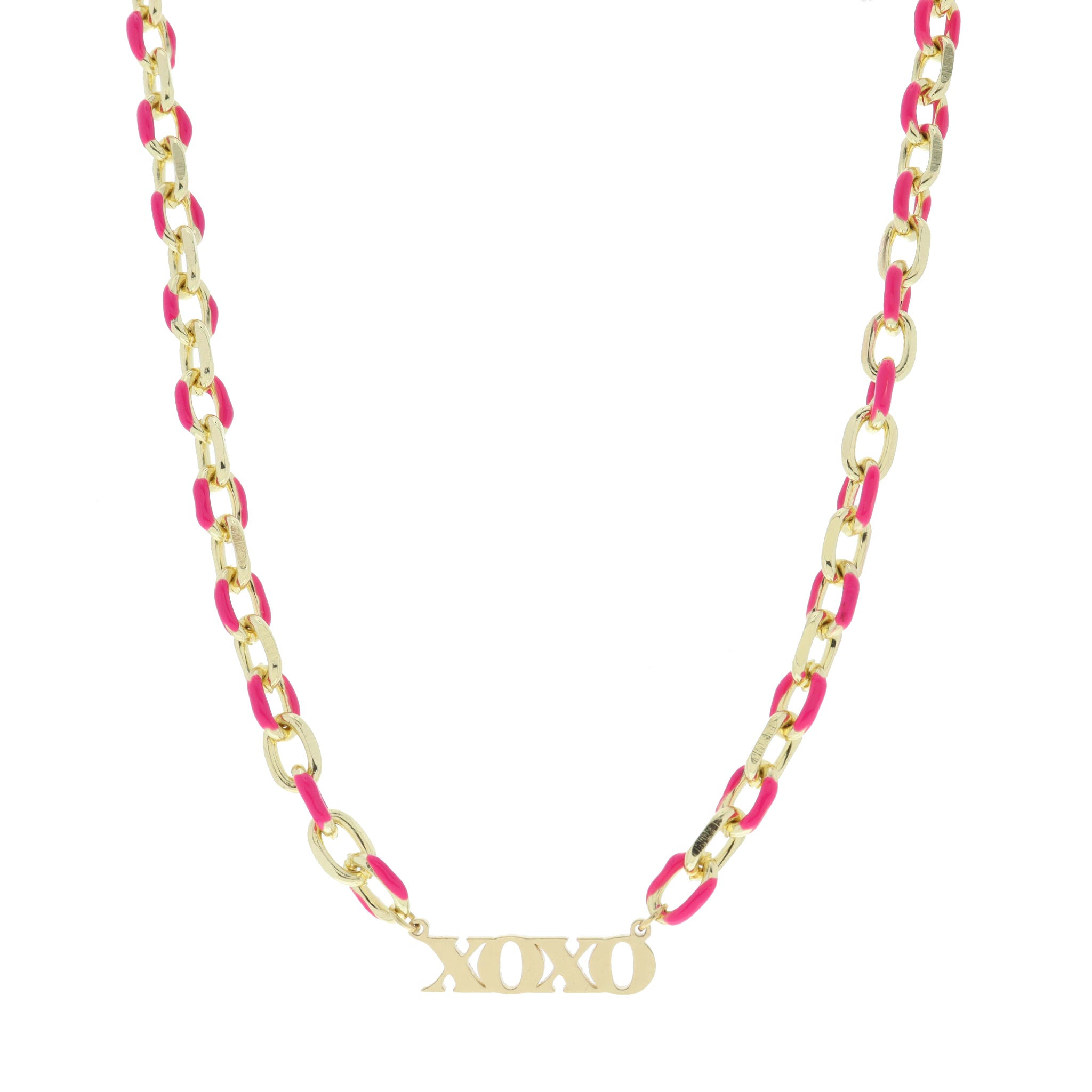 Hot Pink Enamel Chain with Gold "xoxo" Bar Necklace