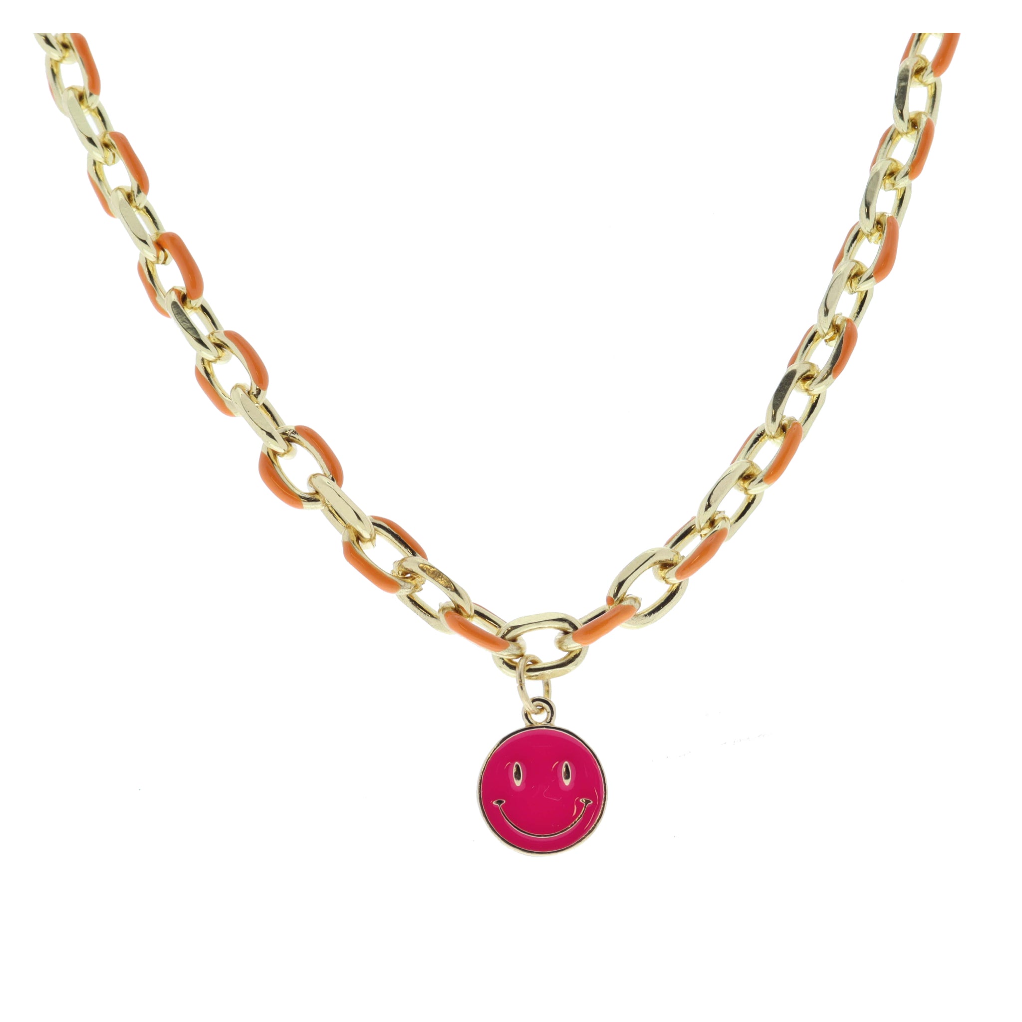 Kids Orange Enamel Chain and Hot Pink Enamel Happy Face Disc Necklace