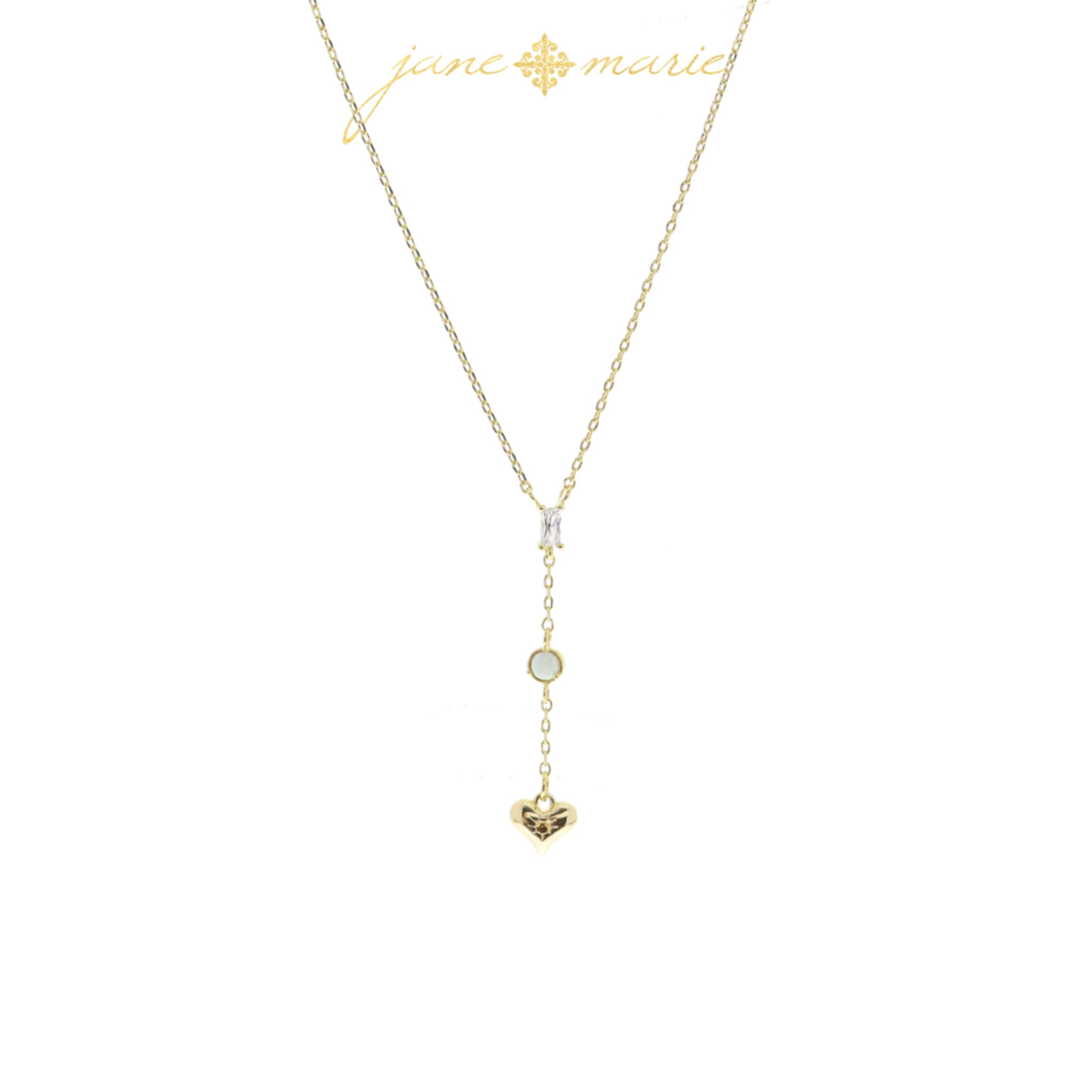 3 Tier Drop with Clear Baguette Crystal, Opal Circle, Gold Heart Necklace