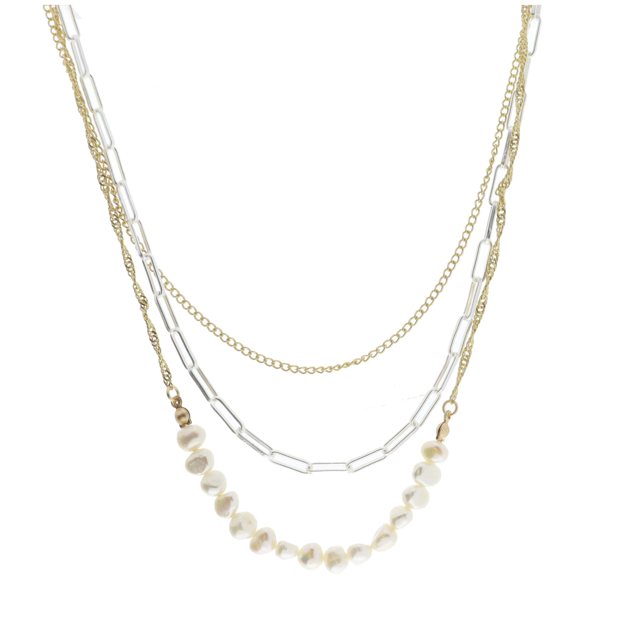 3 Strand, Multi Chain with Petite Curb, Silver Paperclip with Multi Pearl Section Necklace