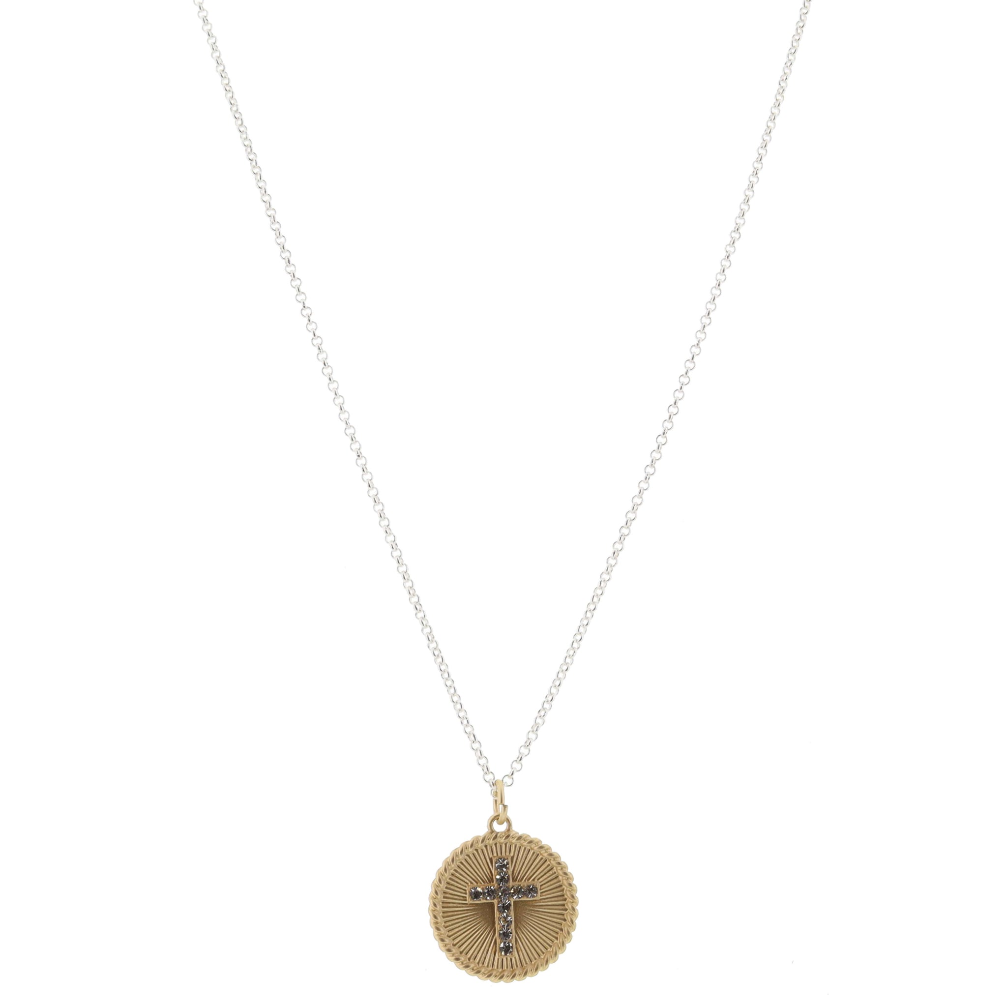 Gold Textured Disc with Clear Crsytal Cross Necklace, .85" Pendant