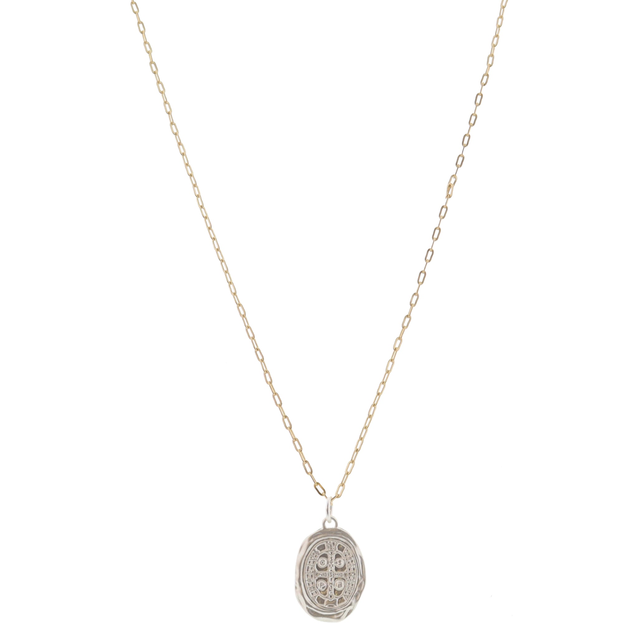 Silver Hammered Oval Cross Coin Necklace, .85" Pendant