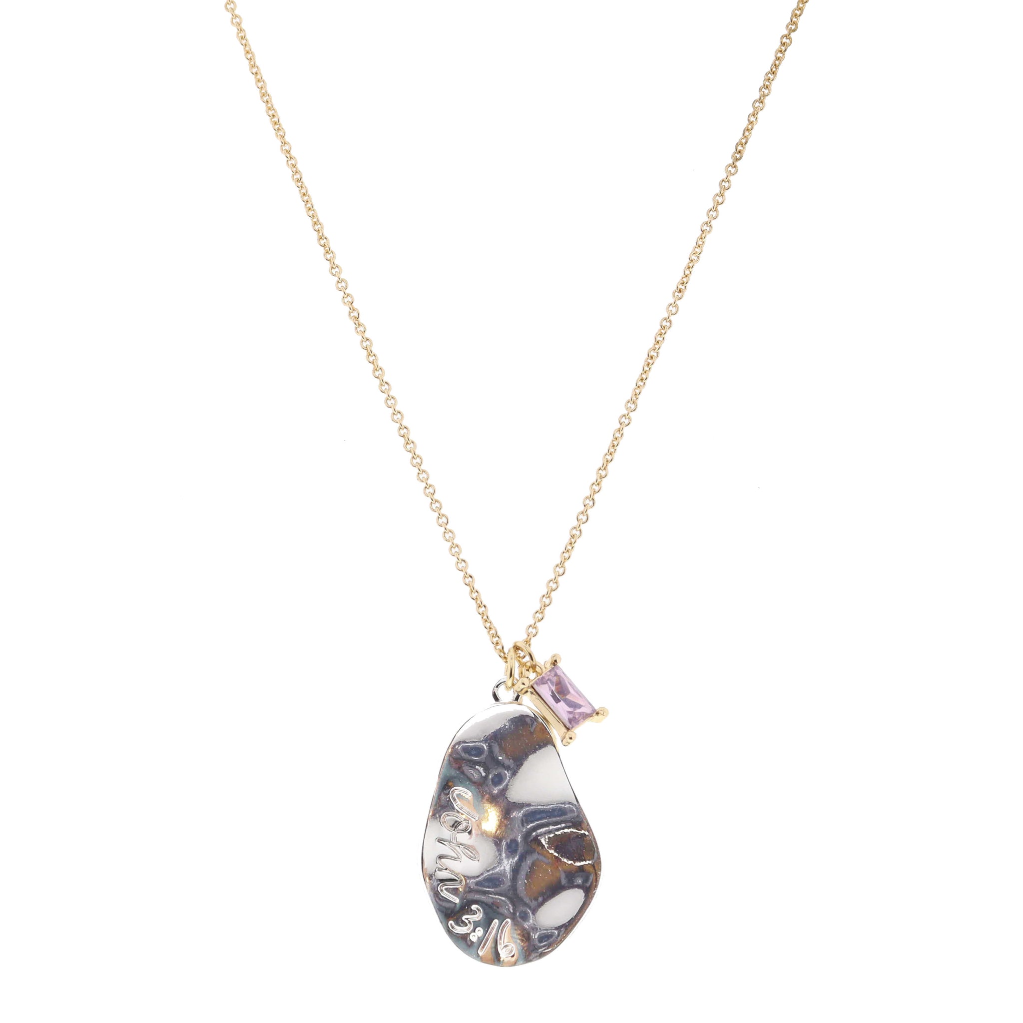 Silver Wavy Organic Oval with "John 3:16" and Pink Baguette Crystal Necklace, .85", .25" Pendants