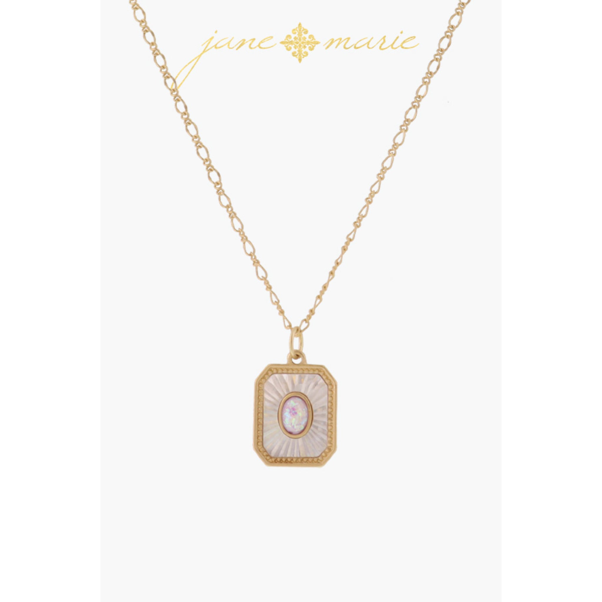 White Starburst Shell Inlay Studded Emerald Shape with White Opal Oval Center Necklace, .65" Pendant