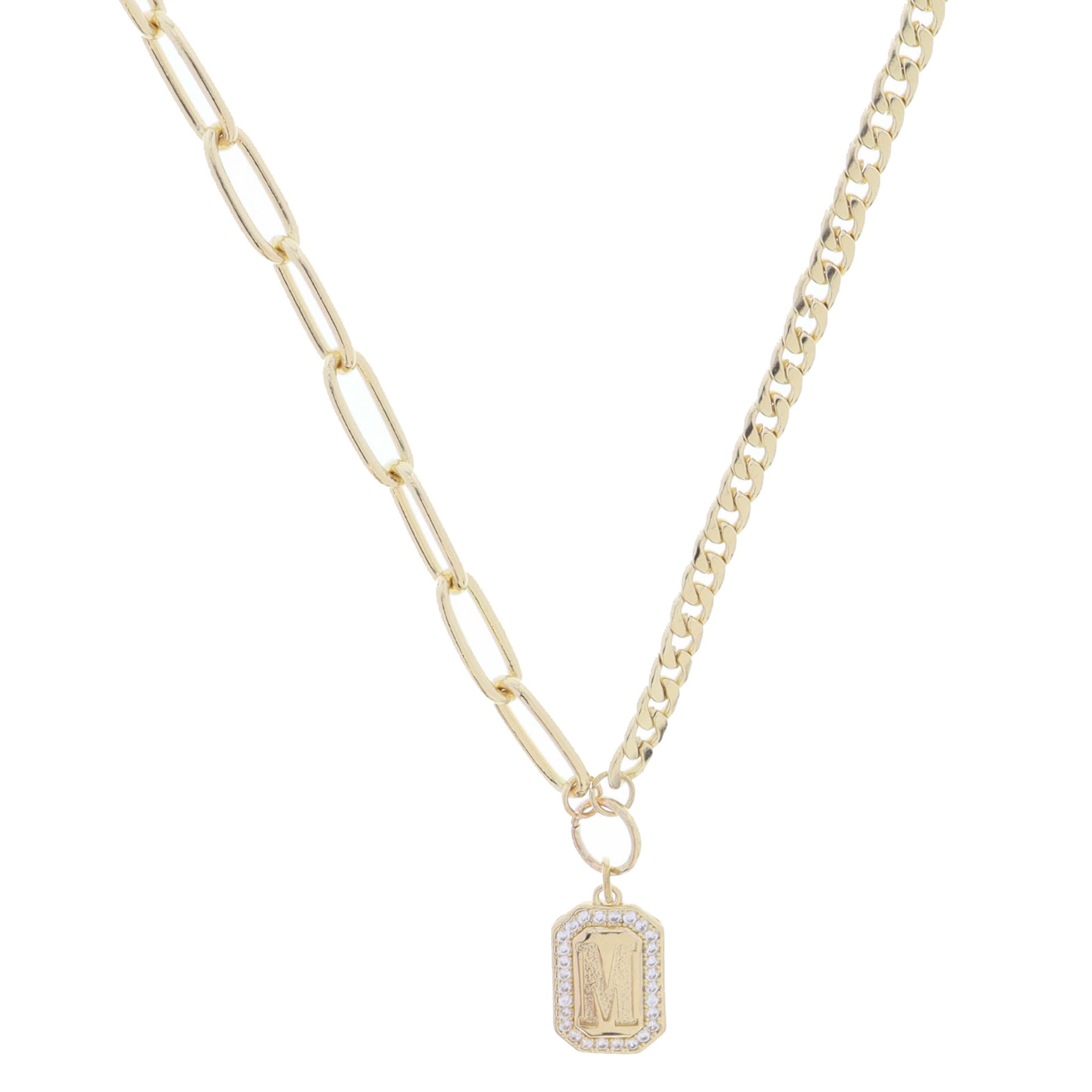 Shiny Gold Half Paperclip, Half Curb Chain with Crystal Edged "M" Initial Emerald Plate Necklace