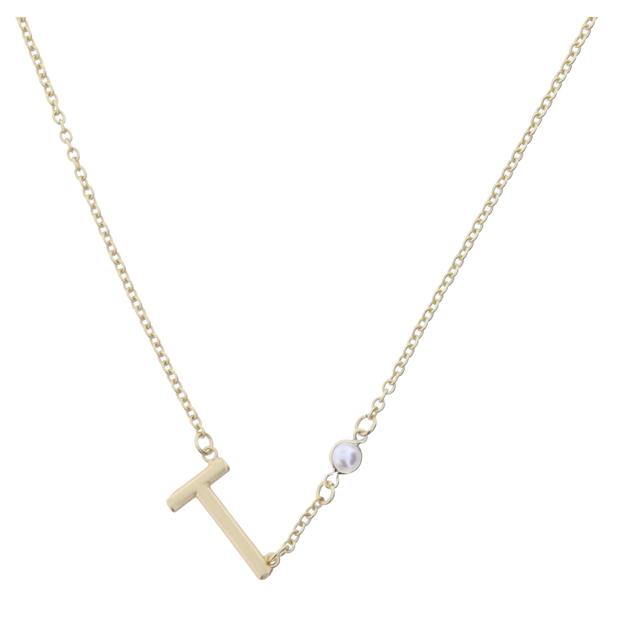 Gold Sideways "T" Initial with Pearl Bezel Station Accent Necklace