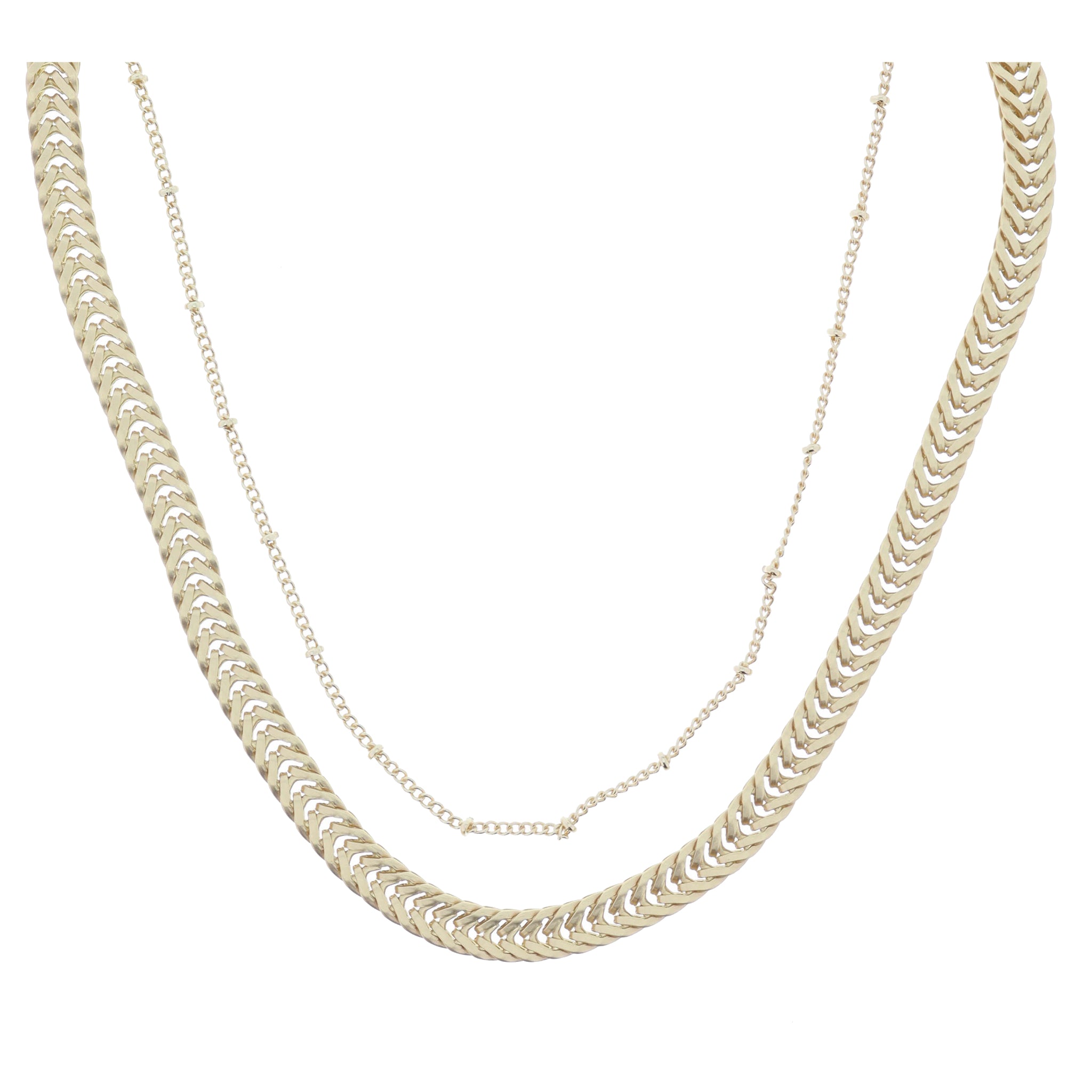 2 Strand, Shiny Gold Satellite Chain, Matte Gold Chunky Flat Wheat Chain Necklace