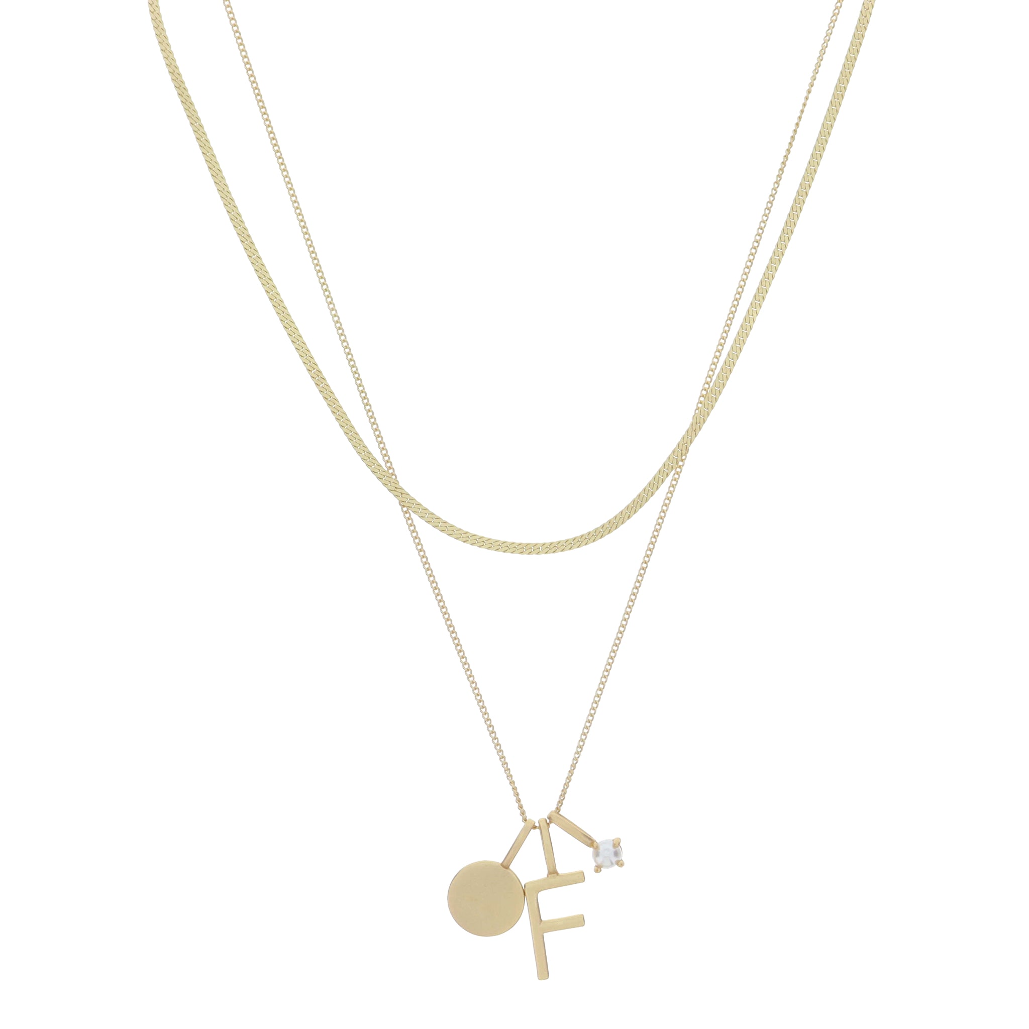 Dainty Herringbone Chain, Gold Chain with Gold Disc, Gold "F" Initial, Pearl Charm Cluster Necklace