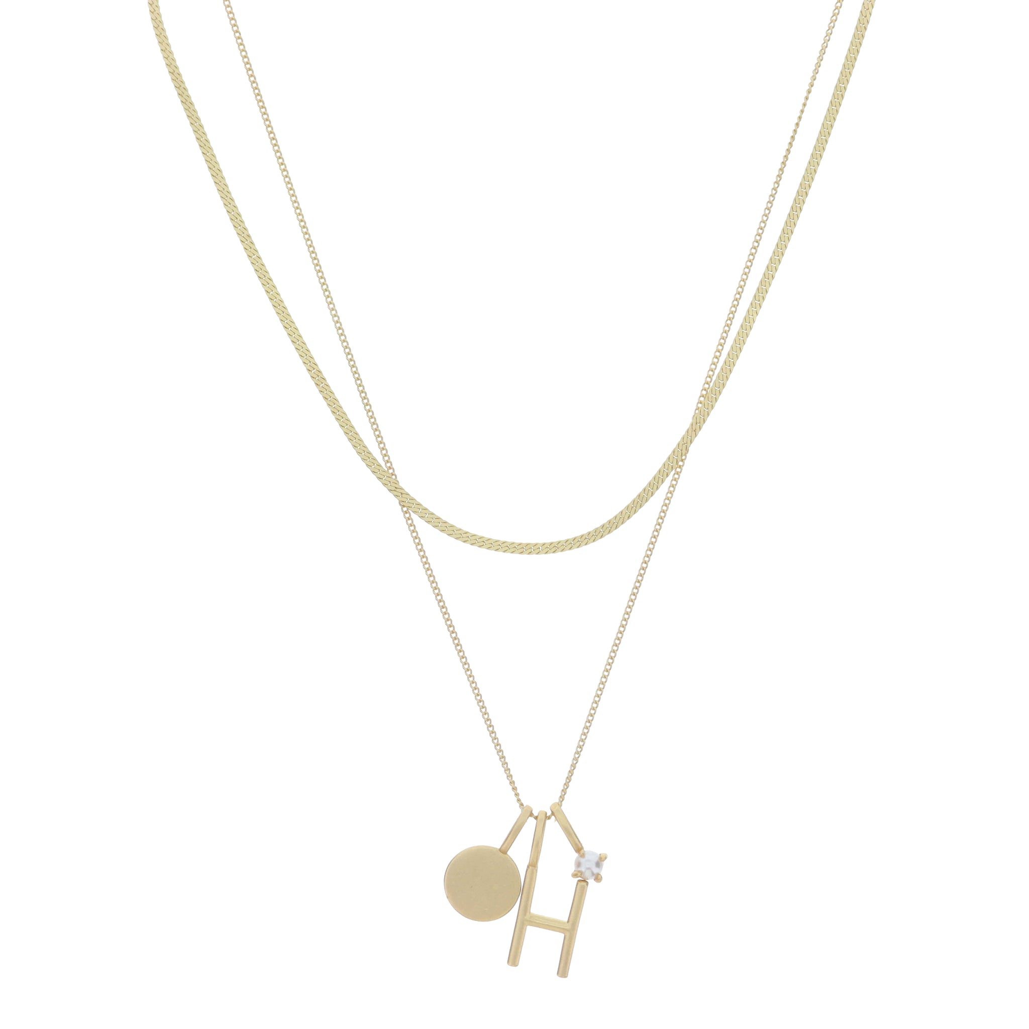 Dainty Herringbone Chain, Gold Chain with Gold Disc, Gold "H" Initial, Pearl Charm Cluster Necklace