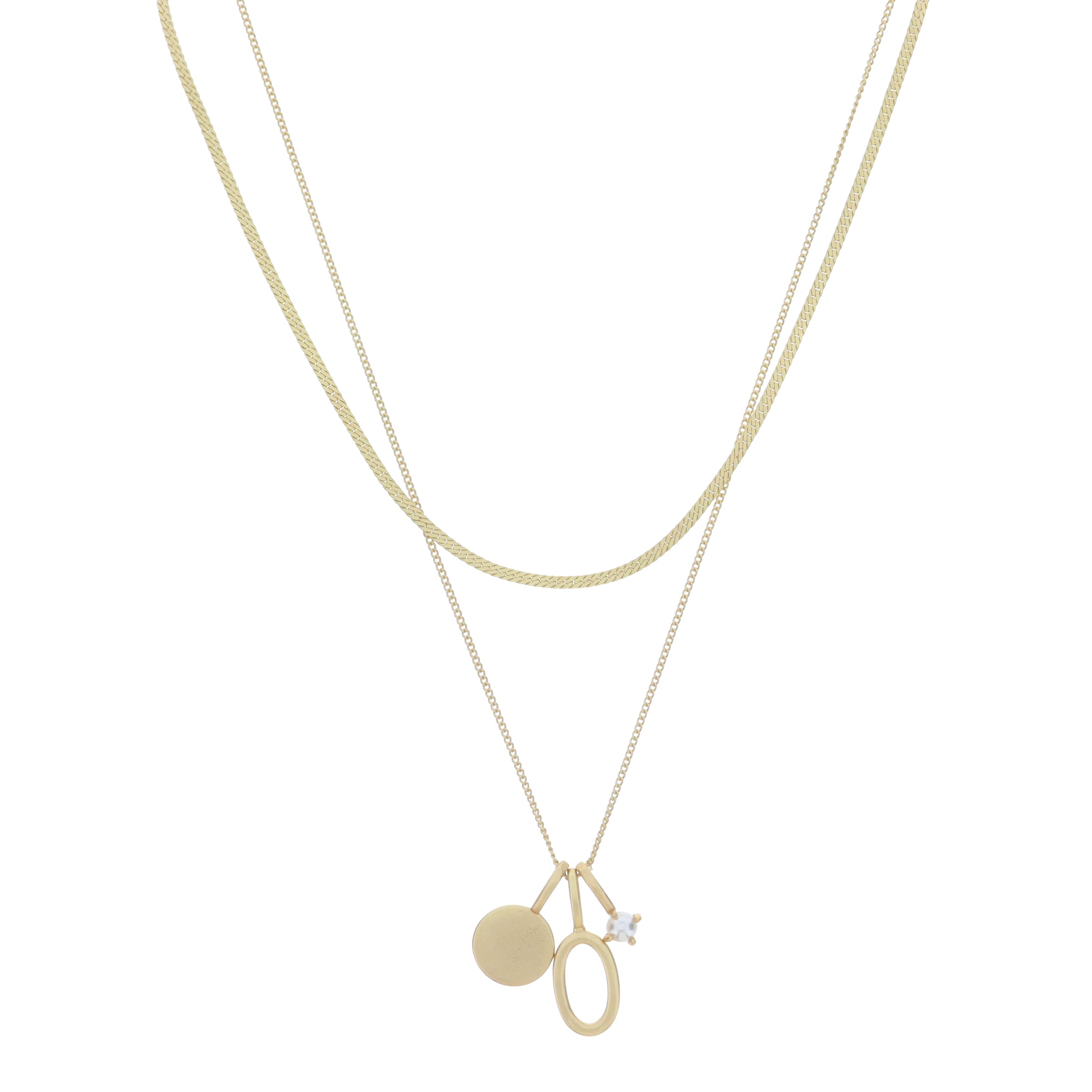 Dainty Herringbone Chain, Gold Chain with Gold Disc, Gold "O" Initial, Pearl Charm Cluster Necklace