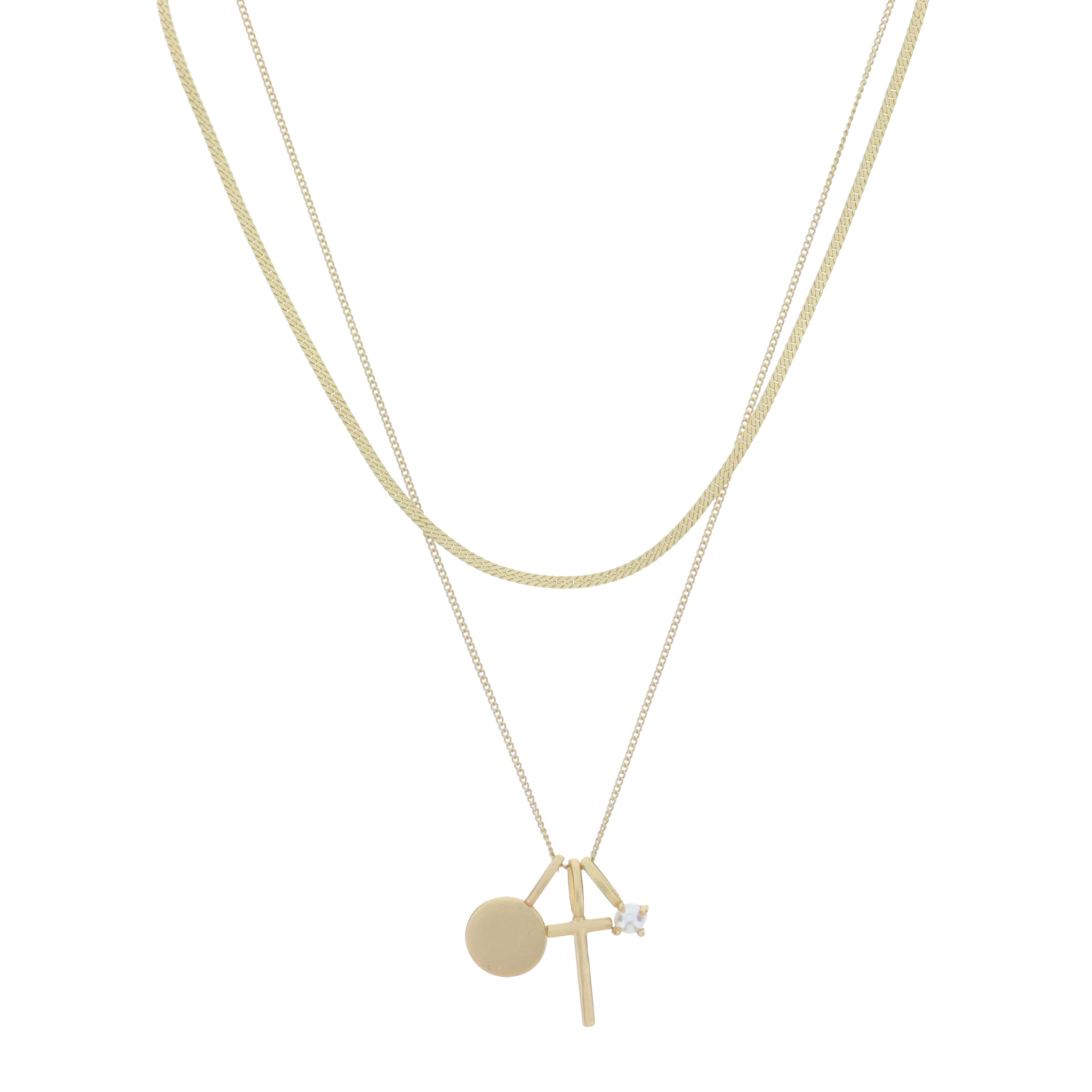Dainty Herringbone Chain, Gold Chain with Gold Disc, Gold "T" Initial, Pearl Charm Cluster Necklace