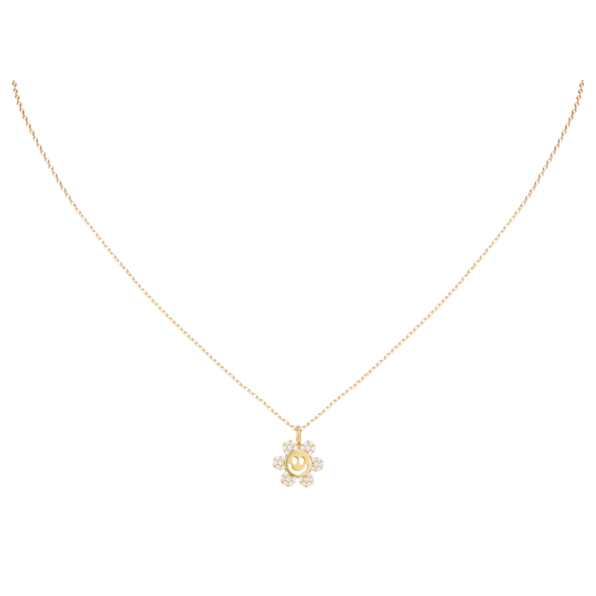 18K Gold Plated Crystal Pave and Gold Happy Face Flower Necklace