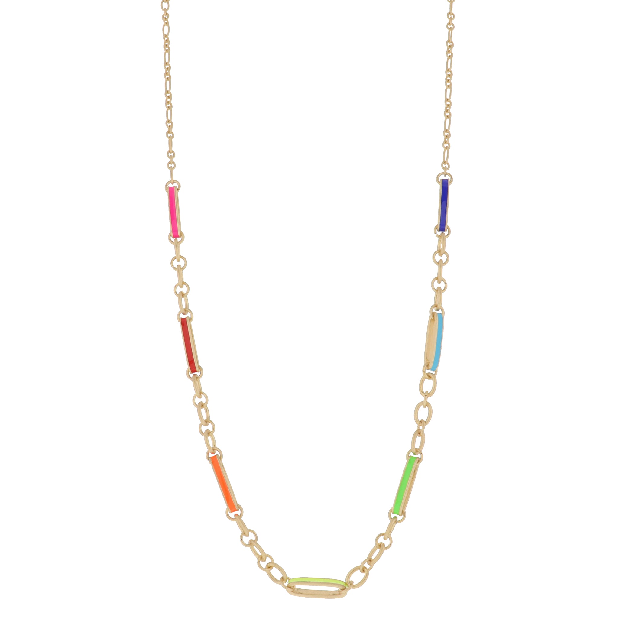 Large Multi Colorblock Enamel Paperclip Links with Gold Chain Portions Between Necklace, 3" Ext