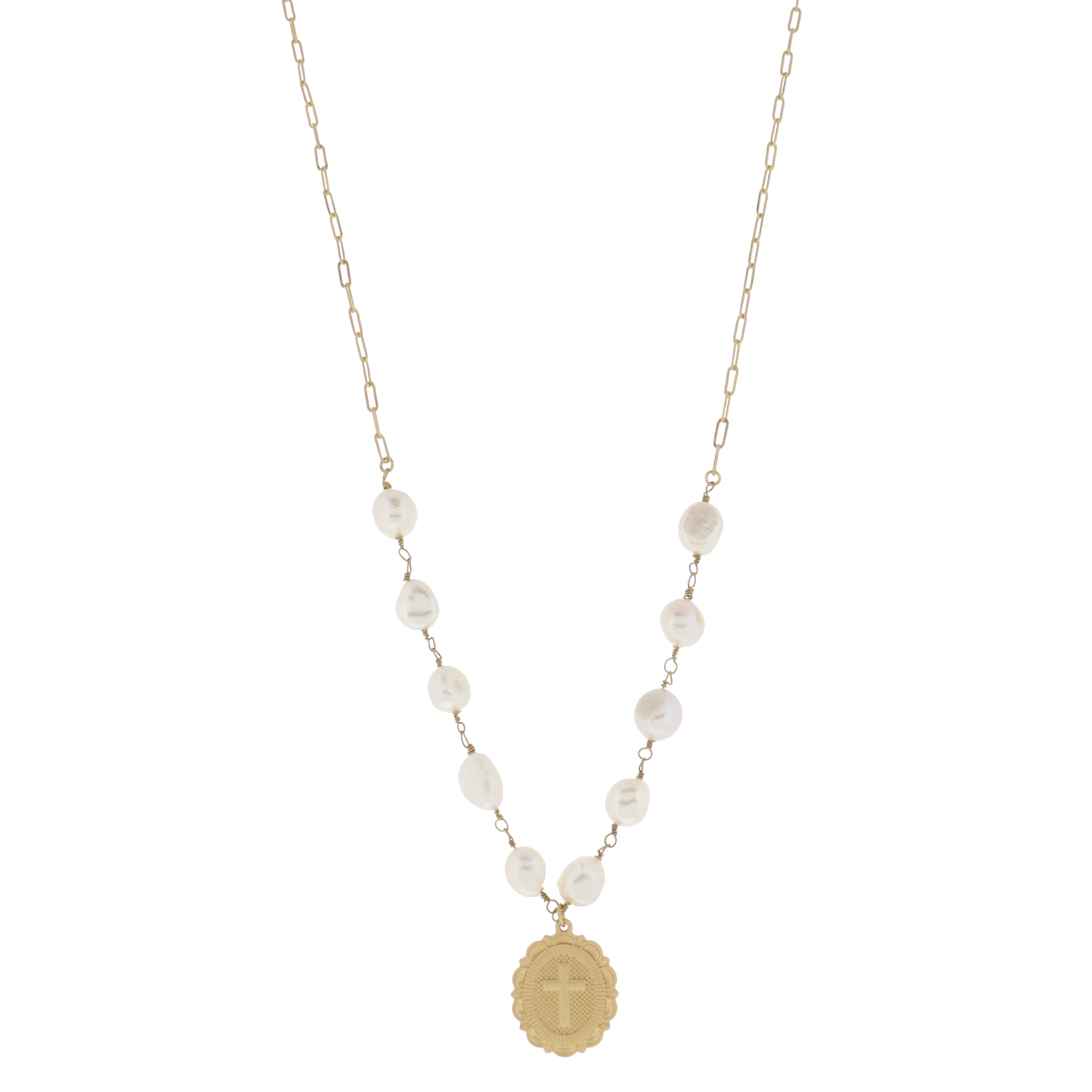 Pearl Chain Portion with Decorative Oval Cross Pendant Necklace, 1" Pendants