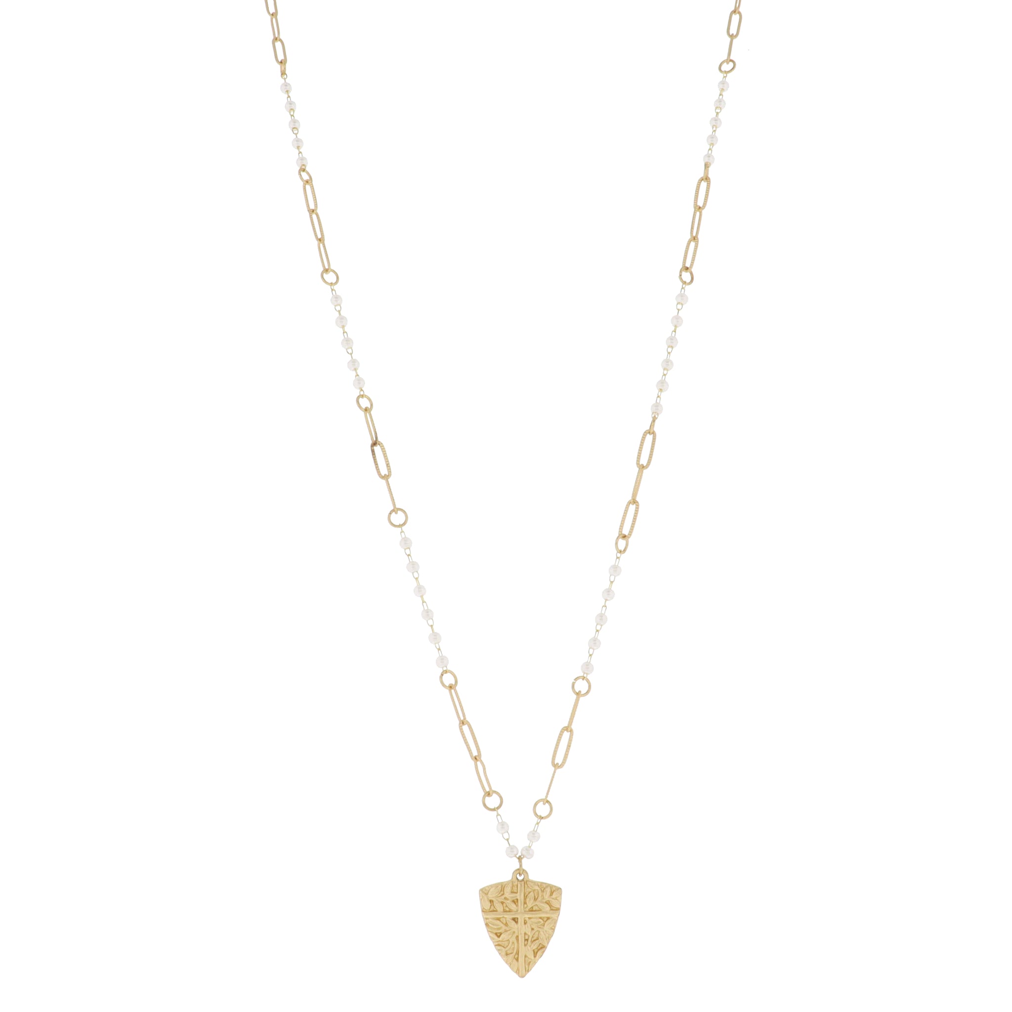 Mini Pearl and Paperclip Chain with Gold Leaf Detail Cross Shield Necklace, .75" Pendants