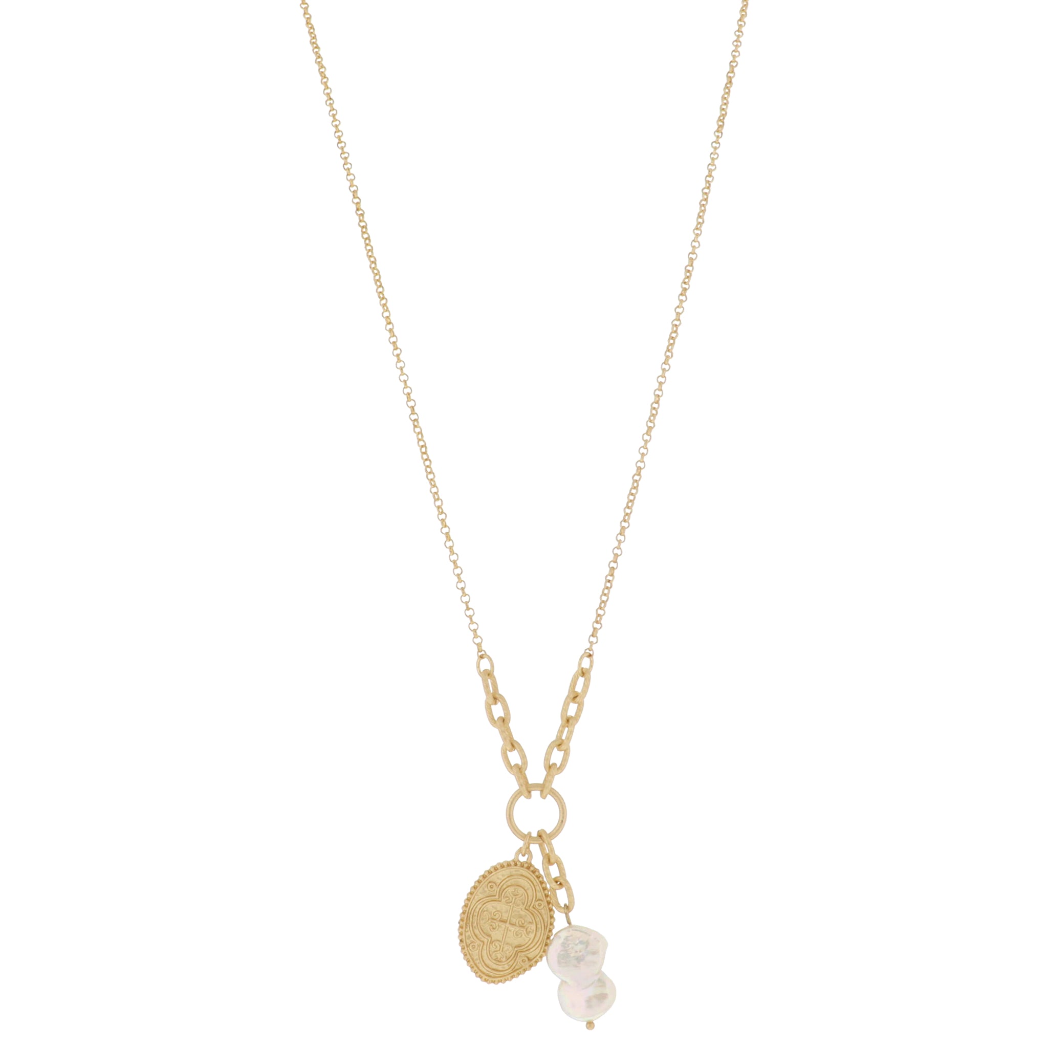 Twist Cable Chain Portion, Jumpring, Gold Cross Coin & Chunky Pearl Necklace, 1", 1.5" Pendants