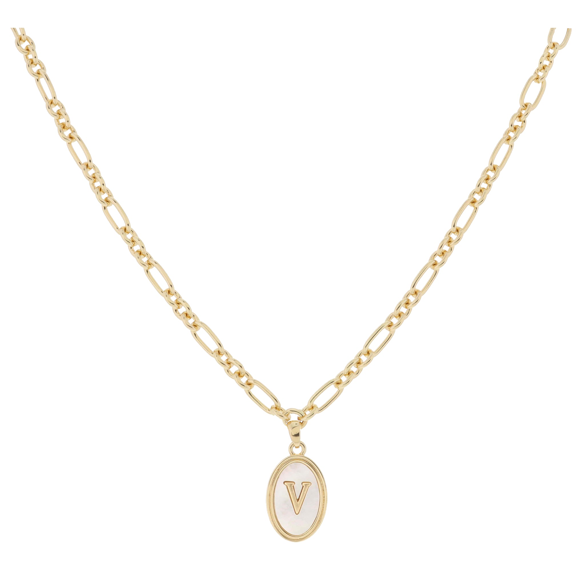 Gold Oval with White Shell Inlay and Gold "V" Initial Center Necklace, .75" Pendant
