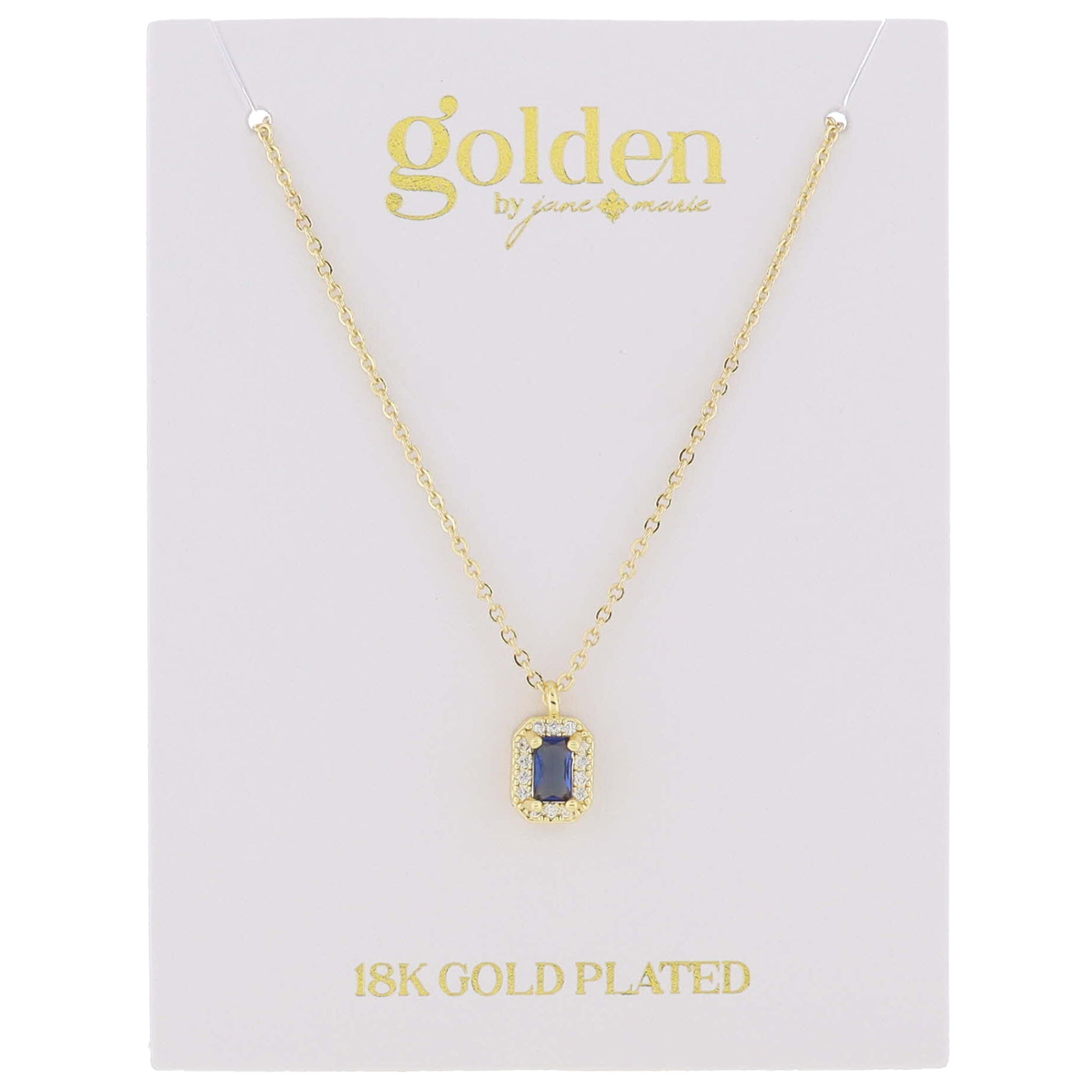 18K Gold Plated Sapphire Baguette with Mini Crystal Outline Necklace, .35" Pendant