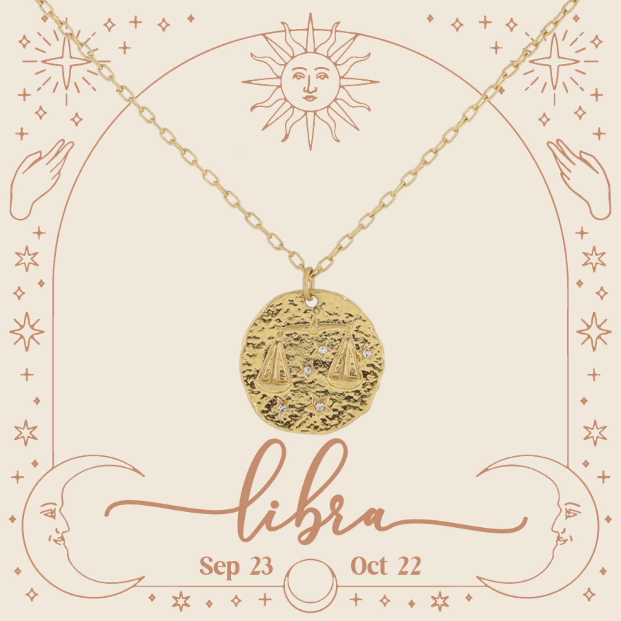 Gold Libra Zodiac Disc with Mini Crystal Star Accents Necklace, .75" Pendant