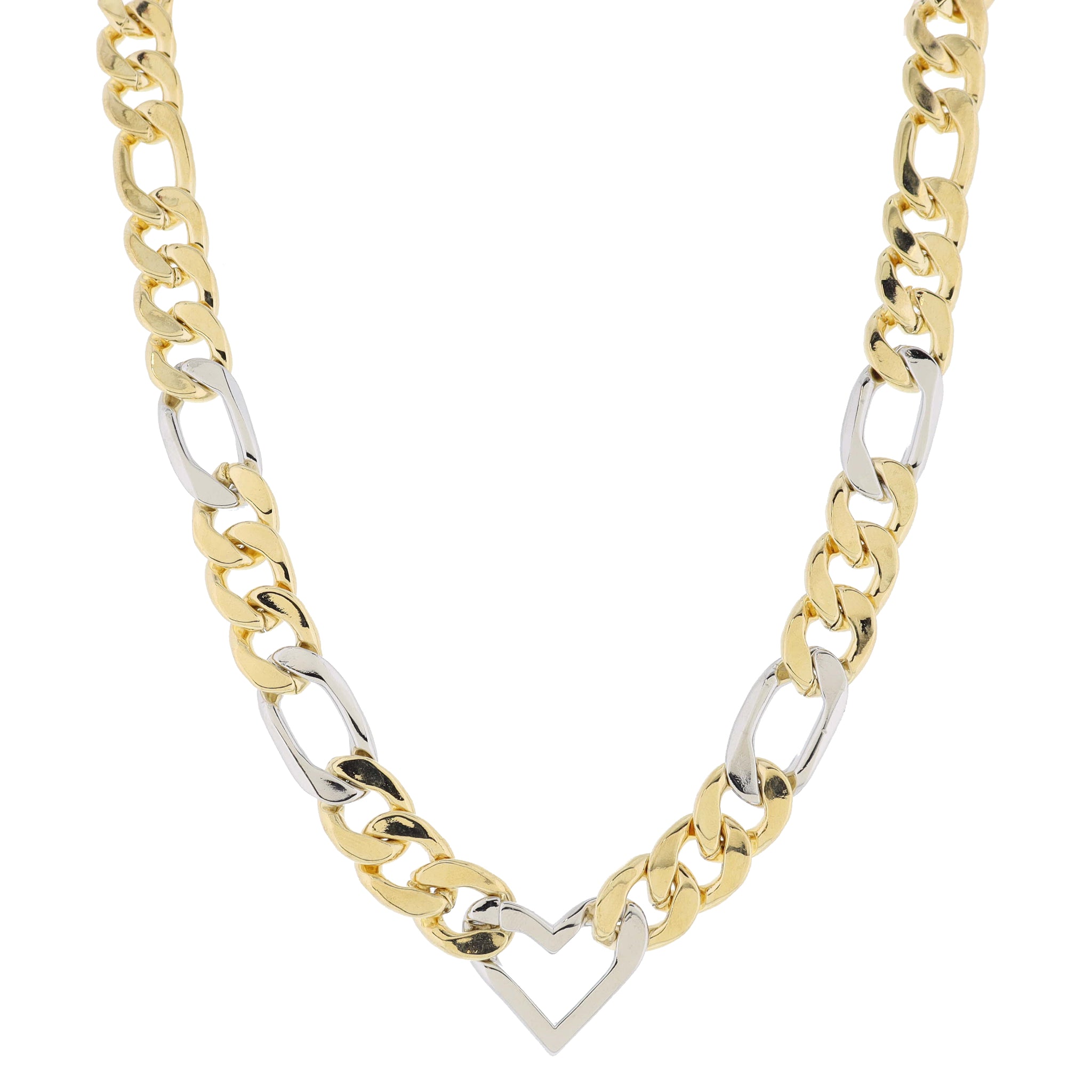 Chunky 2-Tone Figaro Chain with Silver Heart Link Necklace, .65" Pendant