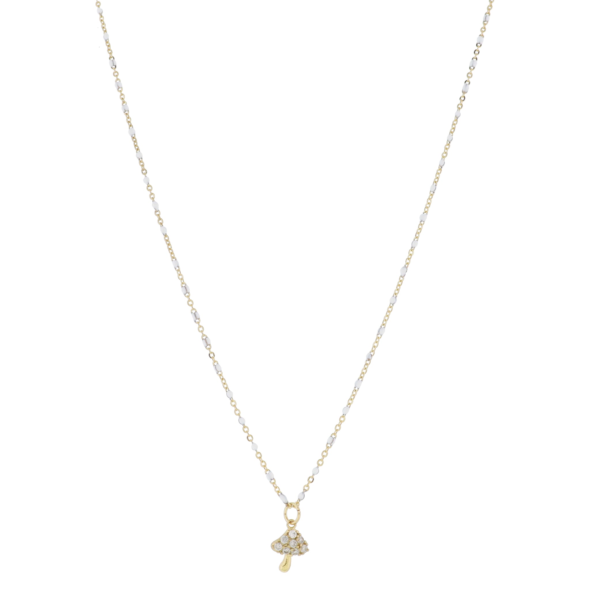 Dainty White Enamel Satellite Chain with Pave Crystal Mushroom Necklace, .35" Pendants