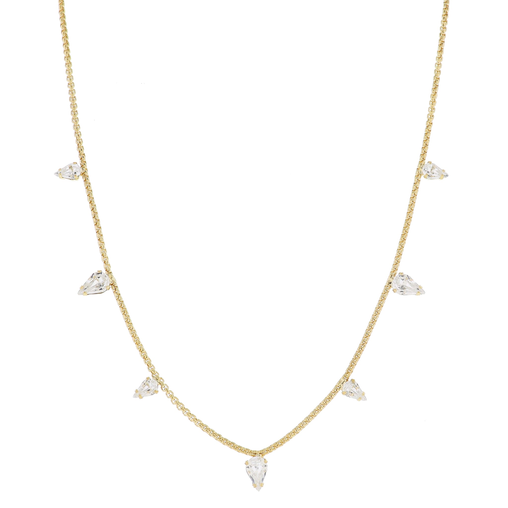 16" Gold Box Chain with Clear Teardrop Crystal Station Necklace, 3" Ext