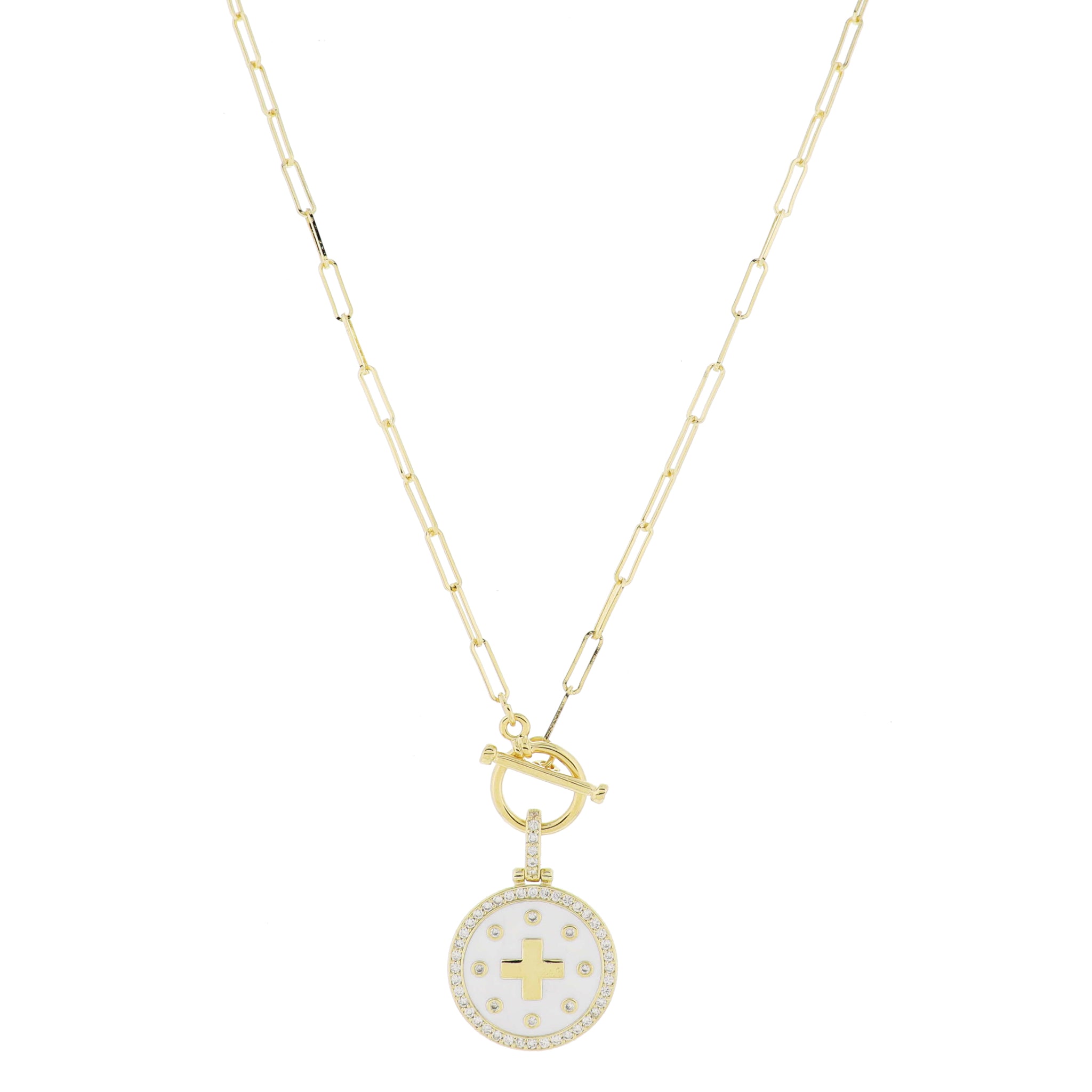 16" Gold Toggle with Crystal Link and White Enamel with Crystal Square Cross Disc Necklace, 3" Ext