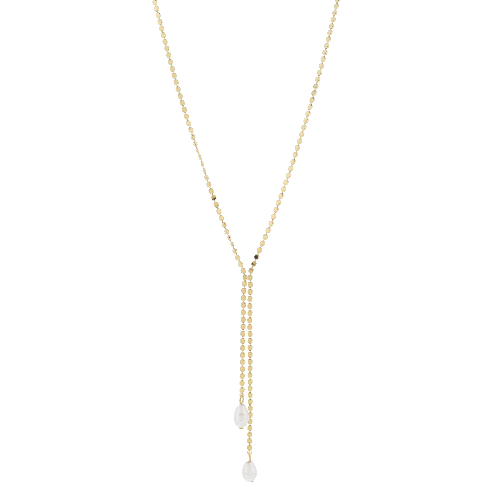 Adj. Gold Flat Chain with Double Lariats with Pearl Drops Necklace, 2.25", 3.25" Pendant