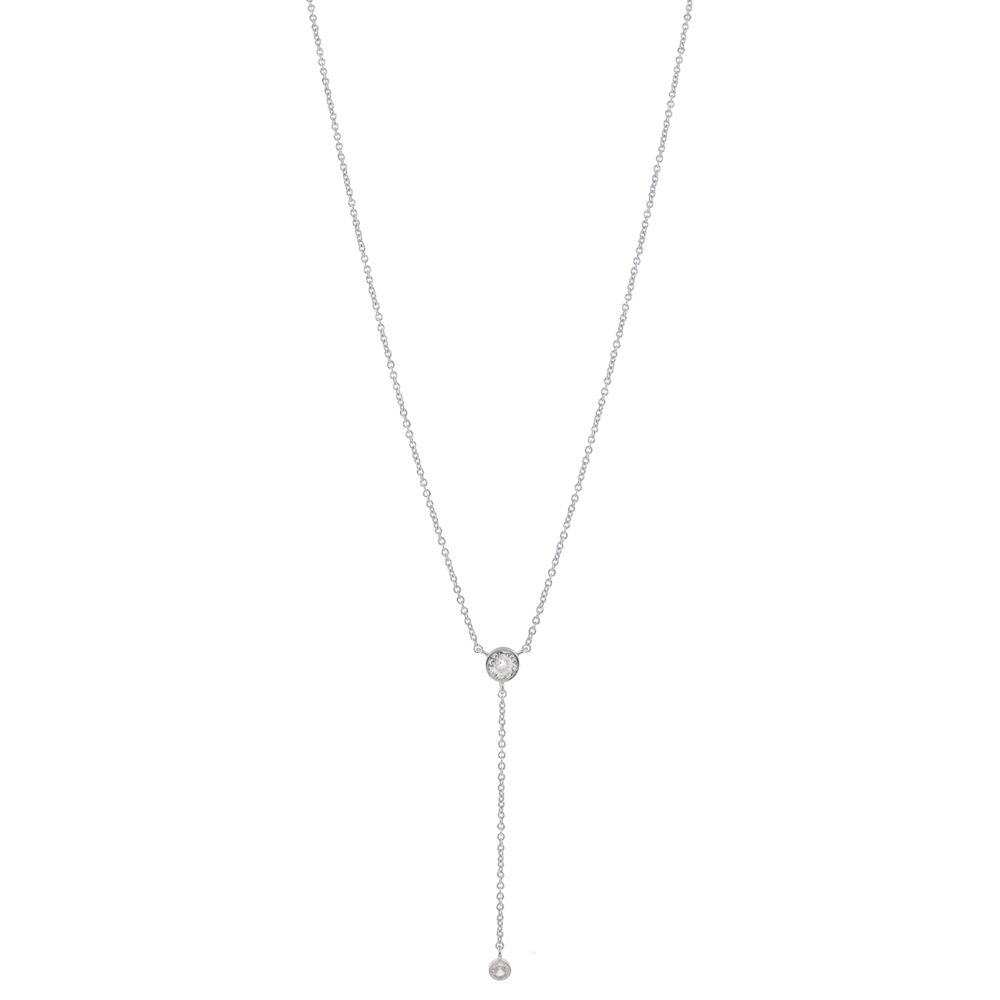 Adj. Clear Crystal with Silver Chain and Small Clear Crystal Lariat Drop Necklace, 2.25" Pendant