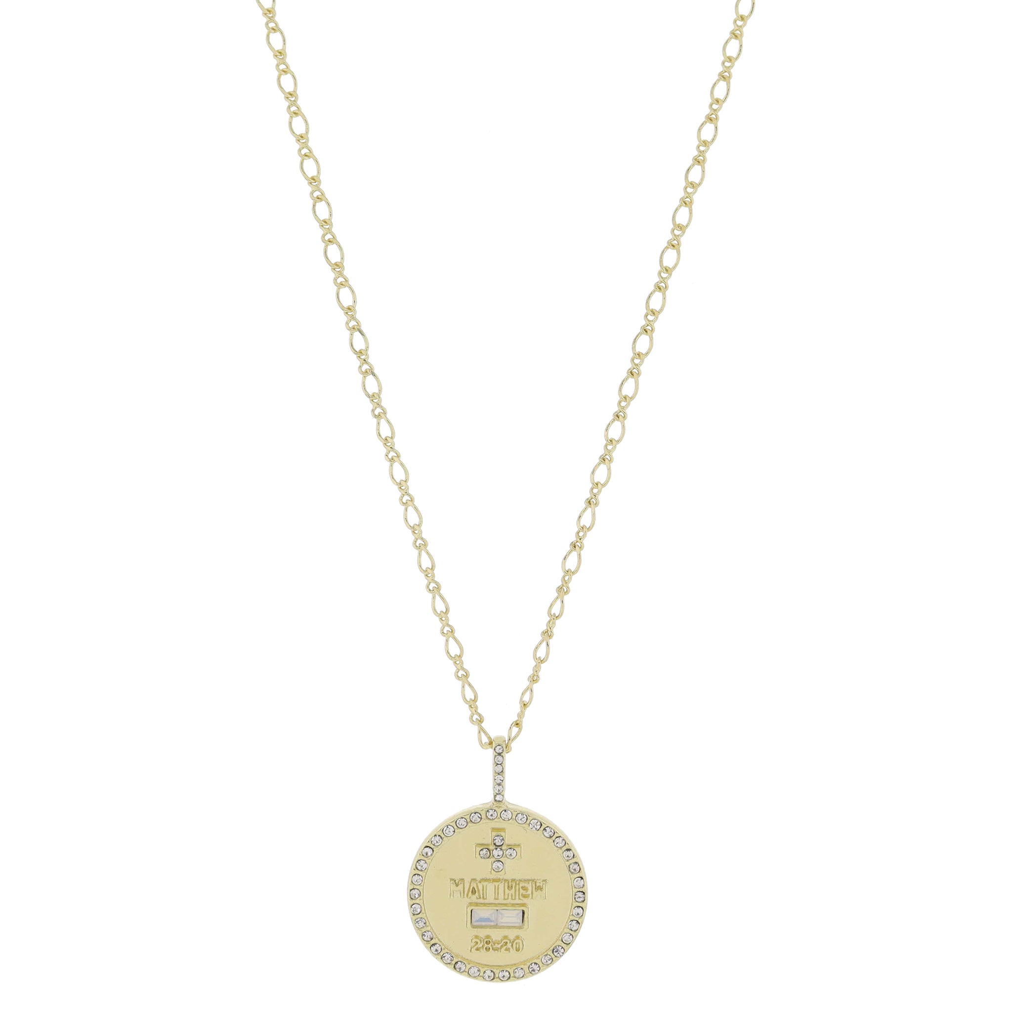 16" Gold Disc with Crystal Cross, "MATTHEW 28:20", Crystal Accent & Crystal Edge Necklace, 3" Ext
