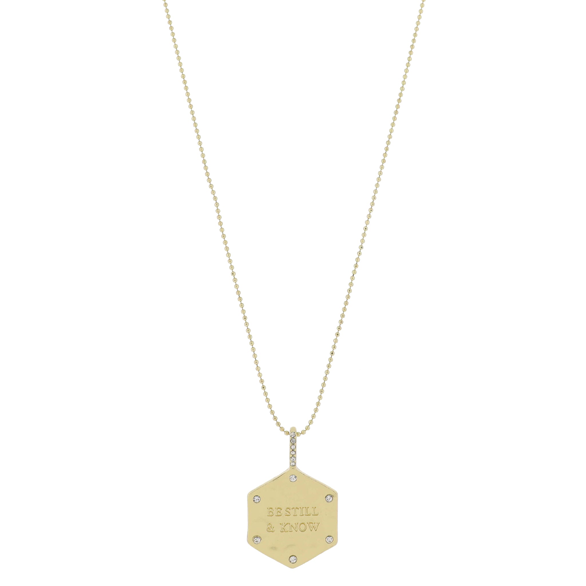 16" Gold Hammered Hexagon with "BE STILL & KNOW" with Crystal Accents Necklace, 3" Ext